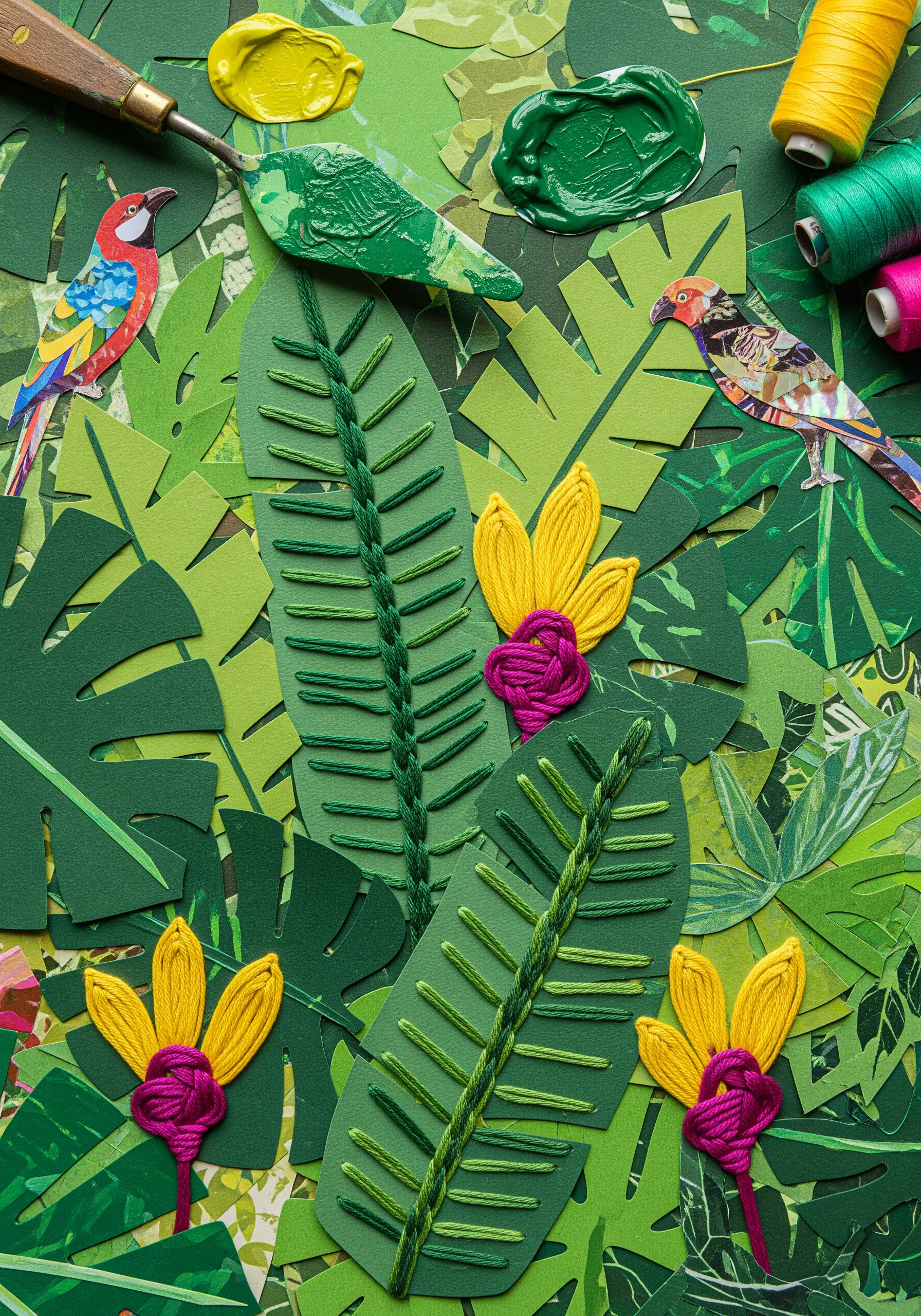Paper-cut jungle leaves and flowers with embroidered details like chain stitch veins.