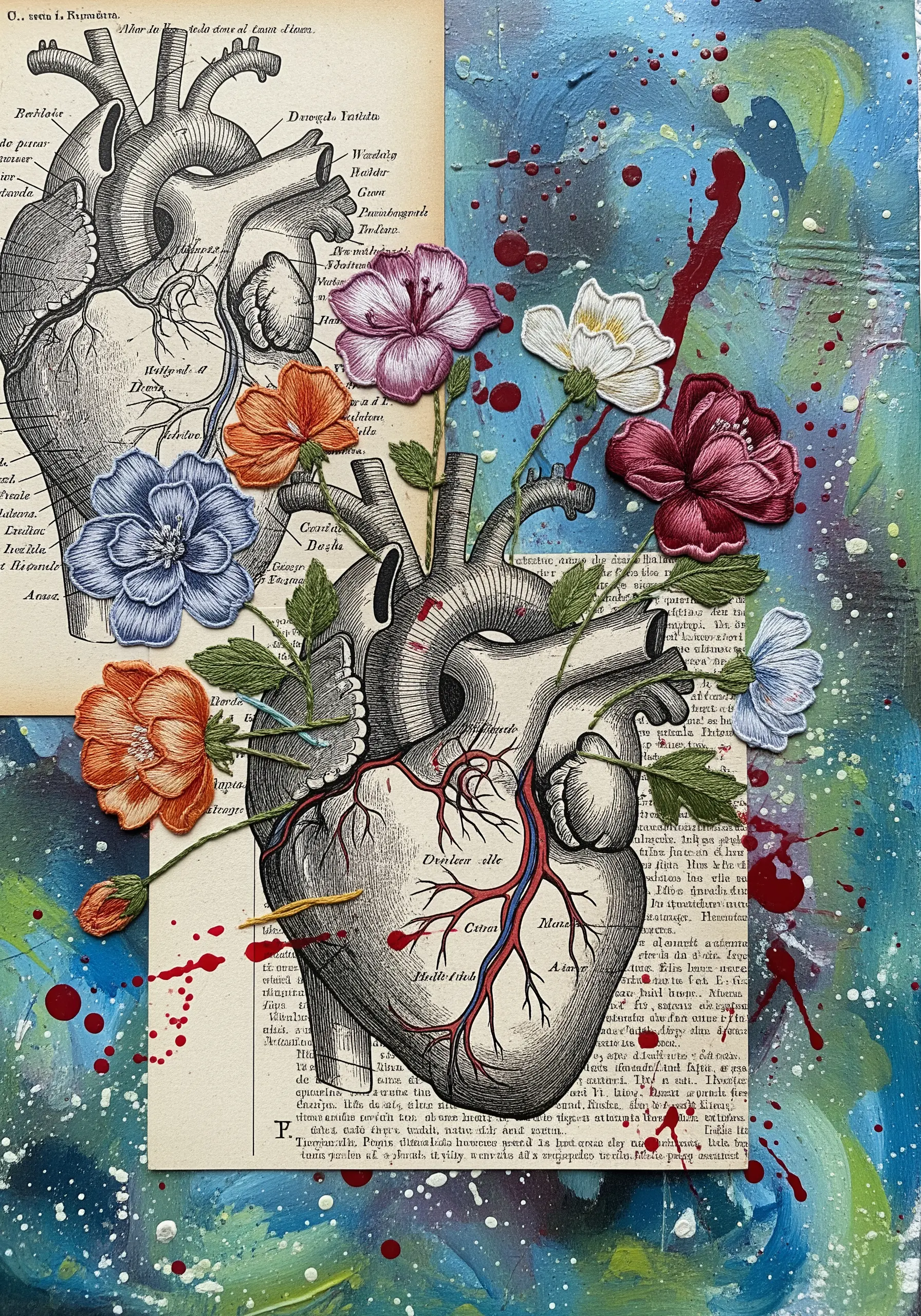 Anatomical heart illustration collaged with colorful paper flowers appearing to grow from it.