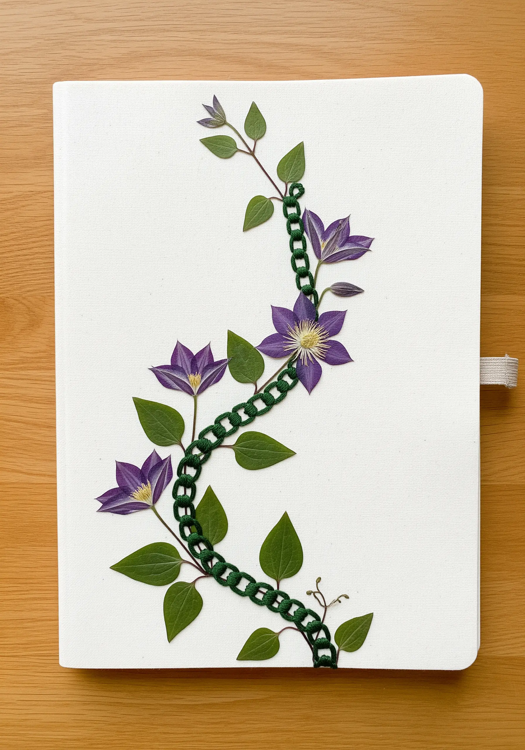 Pressed clematis flowers and leaves arranged around a thick, green embroidered chain stitch.
