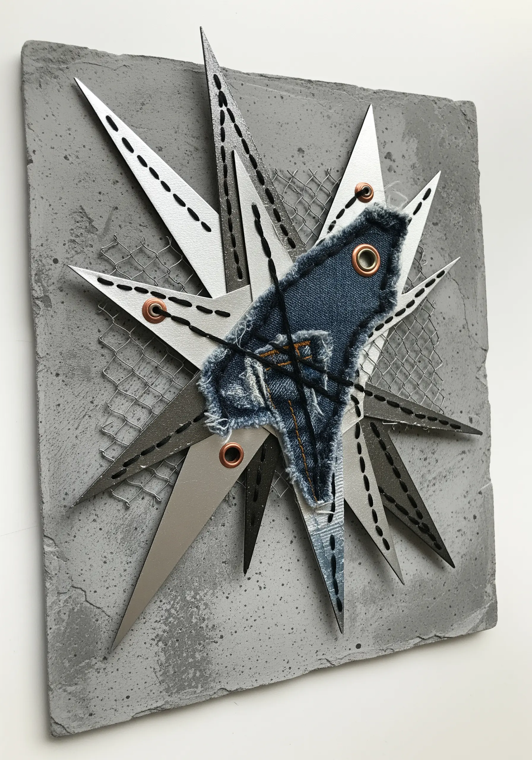 Industrial collage with metal, wire mesh, and a denim bird shape stitched with thick thread.