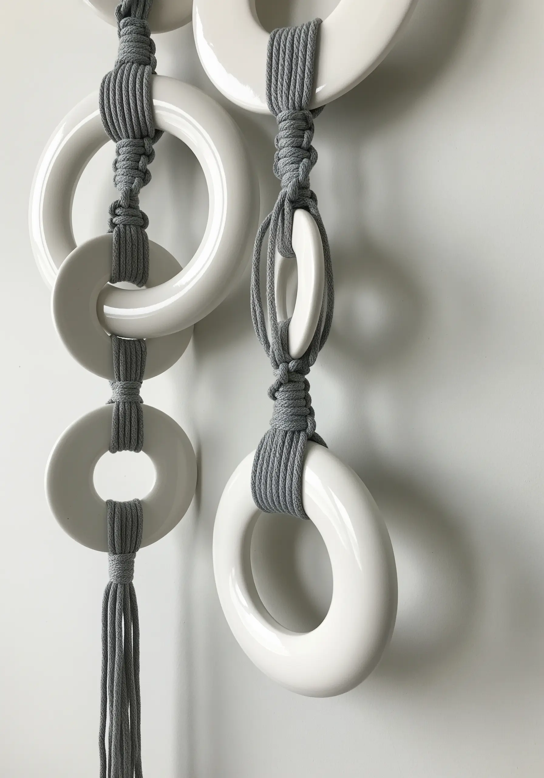A modern wall hanging combining smooth white ceramic rings with grey macrame knots.