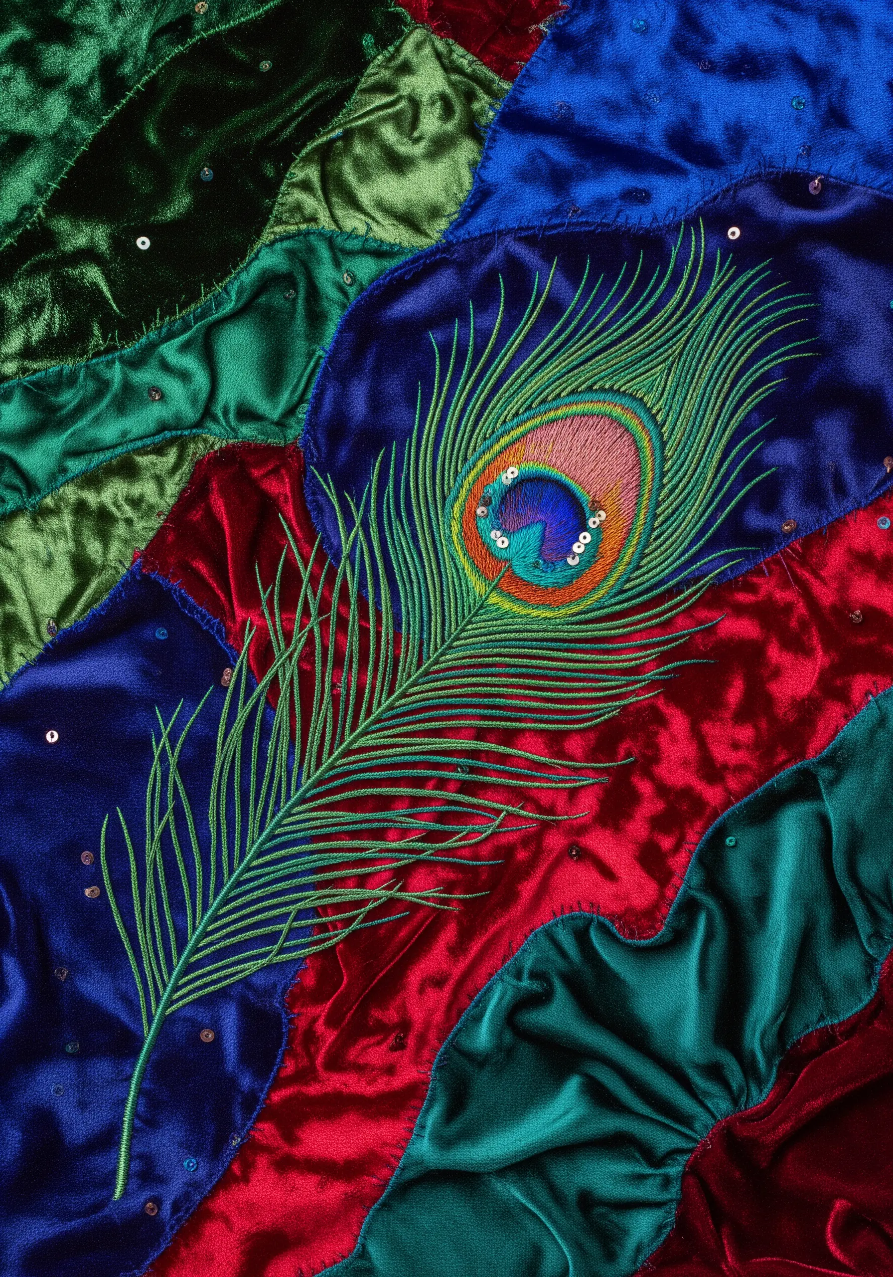 Embroidered peacock feather on a patchwork collage of red, blue, and green velvet.