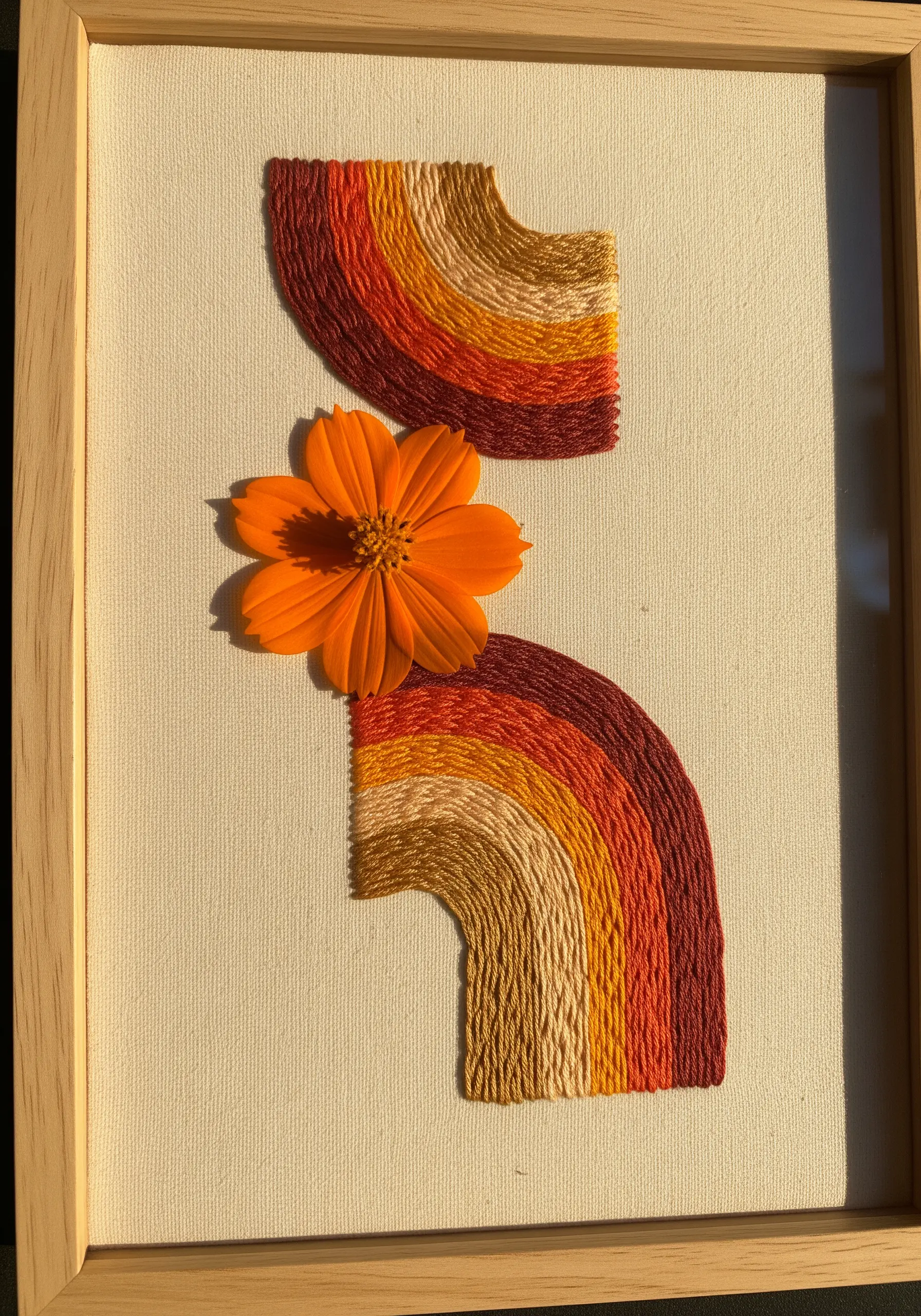 A pressed orange cosmos flower centered between two retro-inspired satin stitch rainbow arcs.