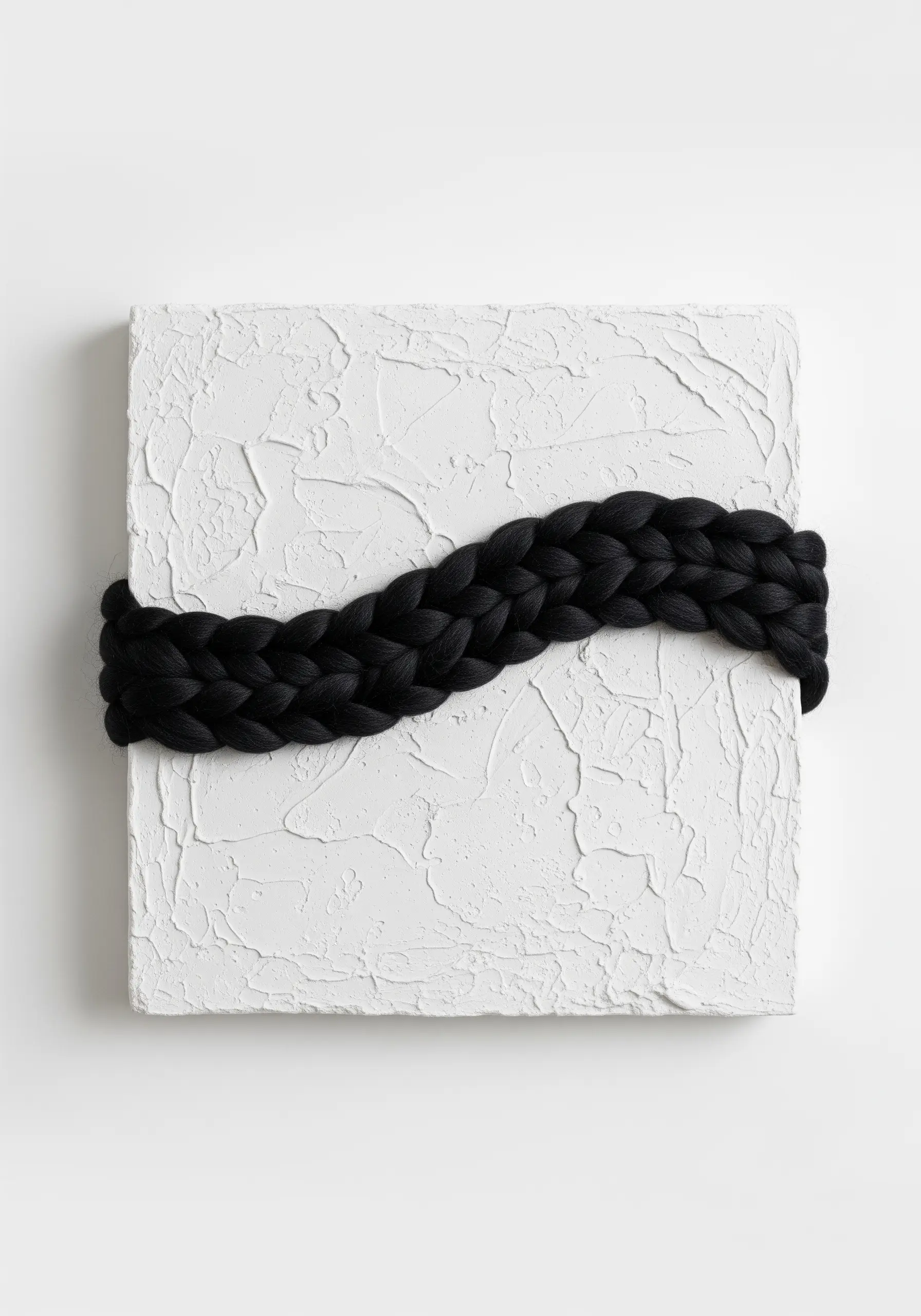 A thick, black chunky braid mounted diagonally across a rough, white textured canvas.