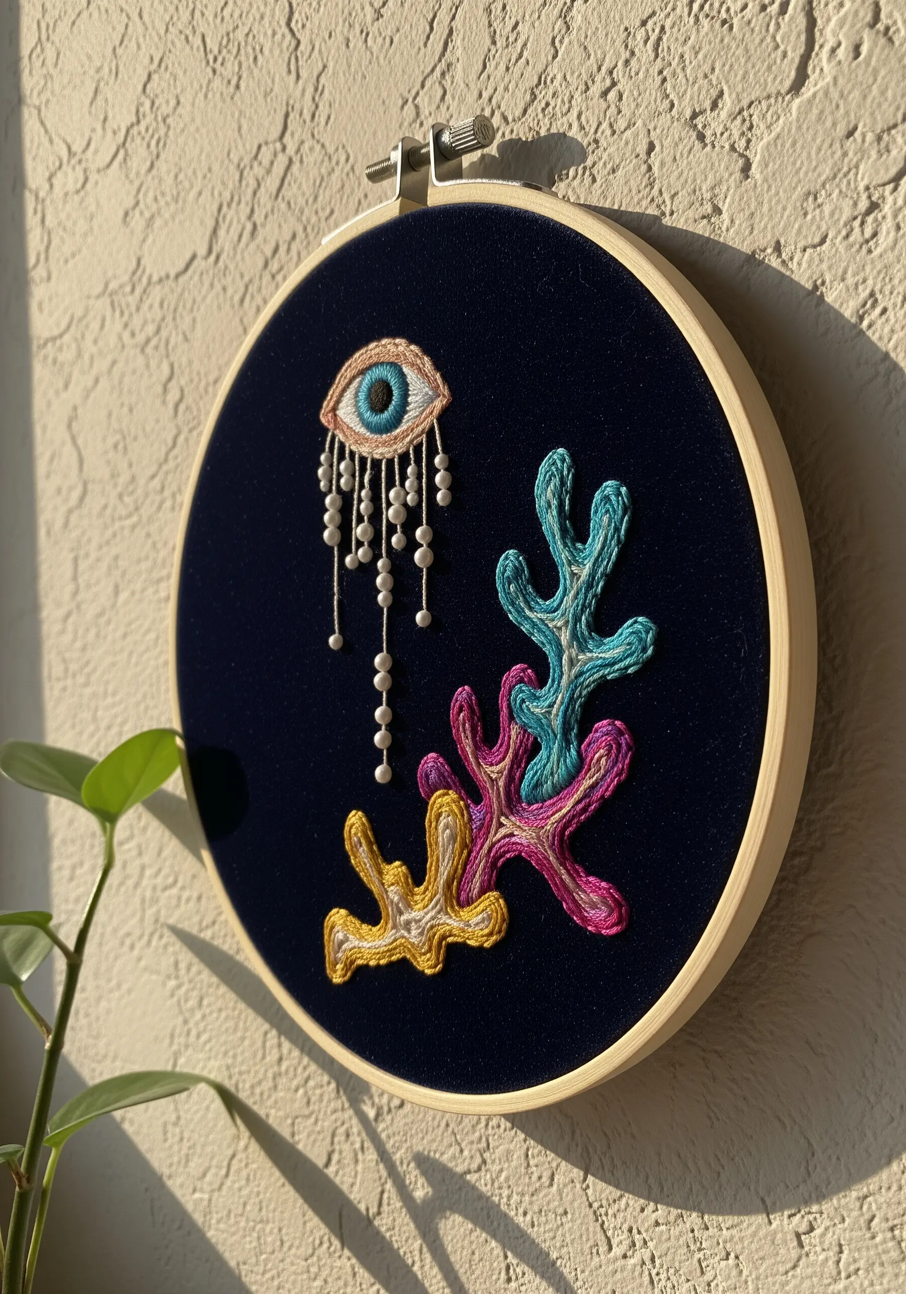Surrealist embroidery of an eye with beaded tears and colorful raised-stitch coral.
