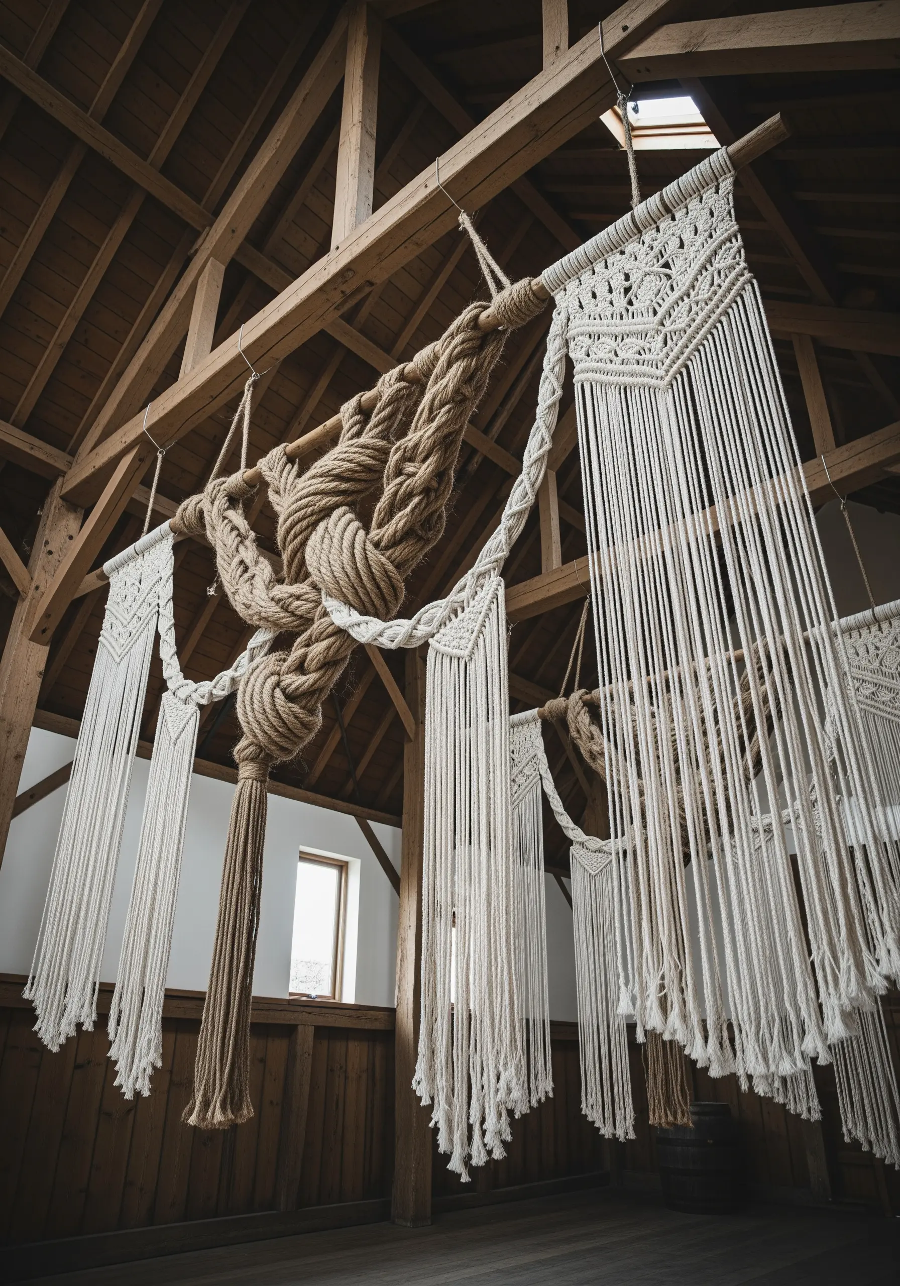 A large-scale macrame installation in a rustic barn, featuring thick coiled rope and fine white fringe.