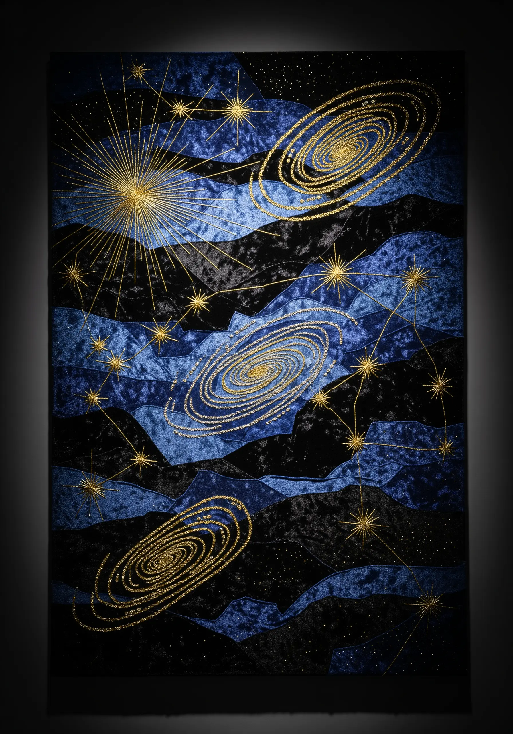 A galaxy scene made of blue and black velvet with gold metallic thread embroidery.