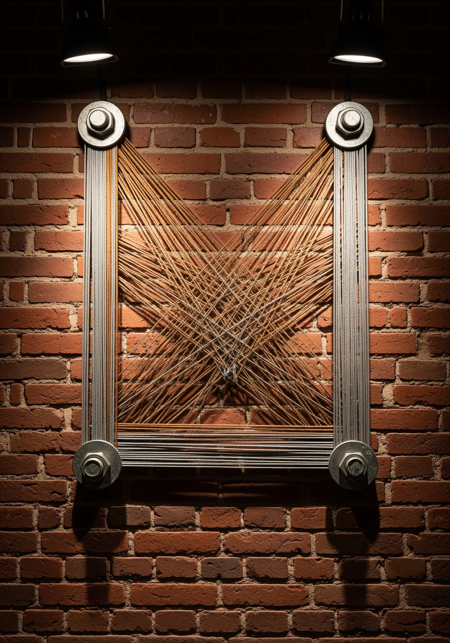 Geometric thread art in a heavy industrial metal frame mounted on a brick wall.