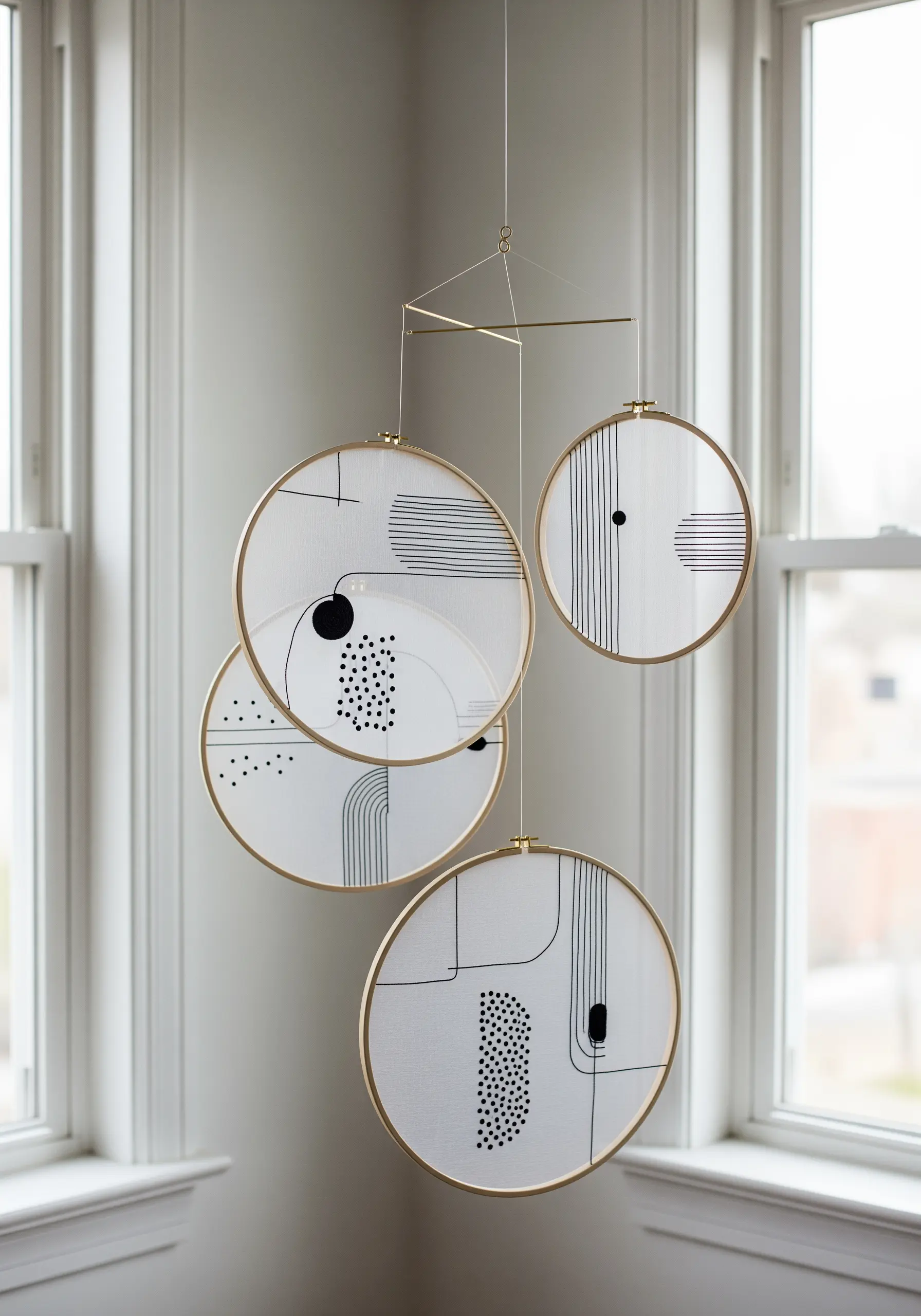 A hanging mobile made of four embroidery hoops with sheer fabric and abstract black line art.