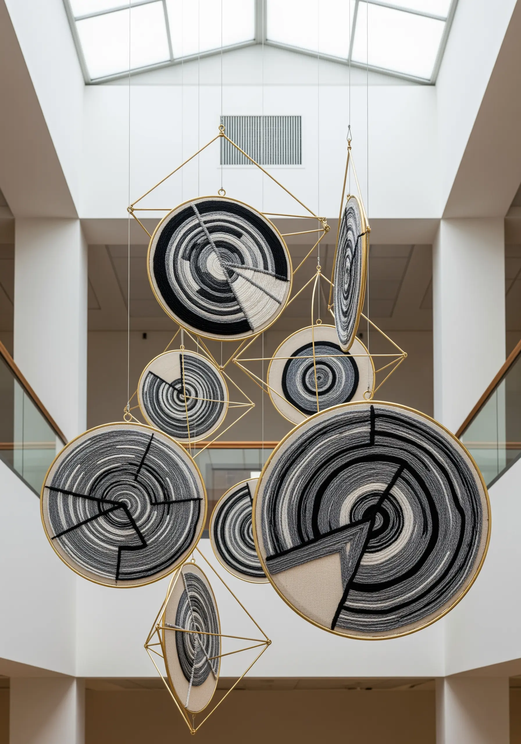 A suspended mobile made of multiple embroidery hoops with black, white, and gray geometric yarn art.