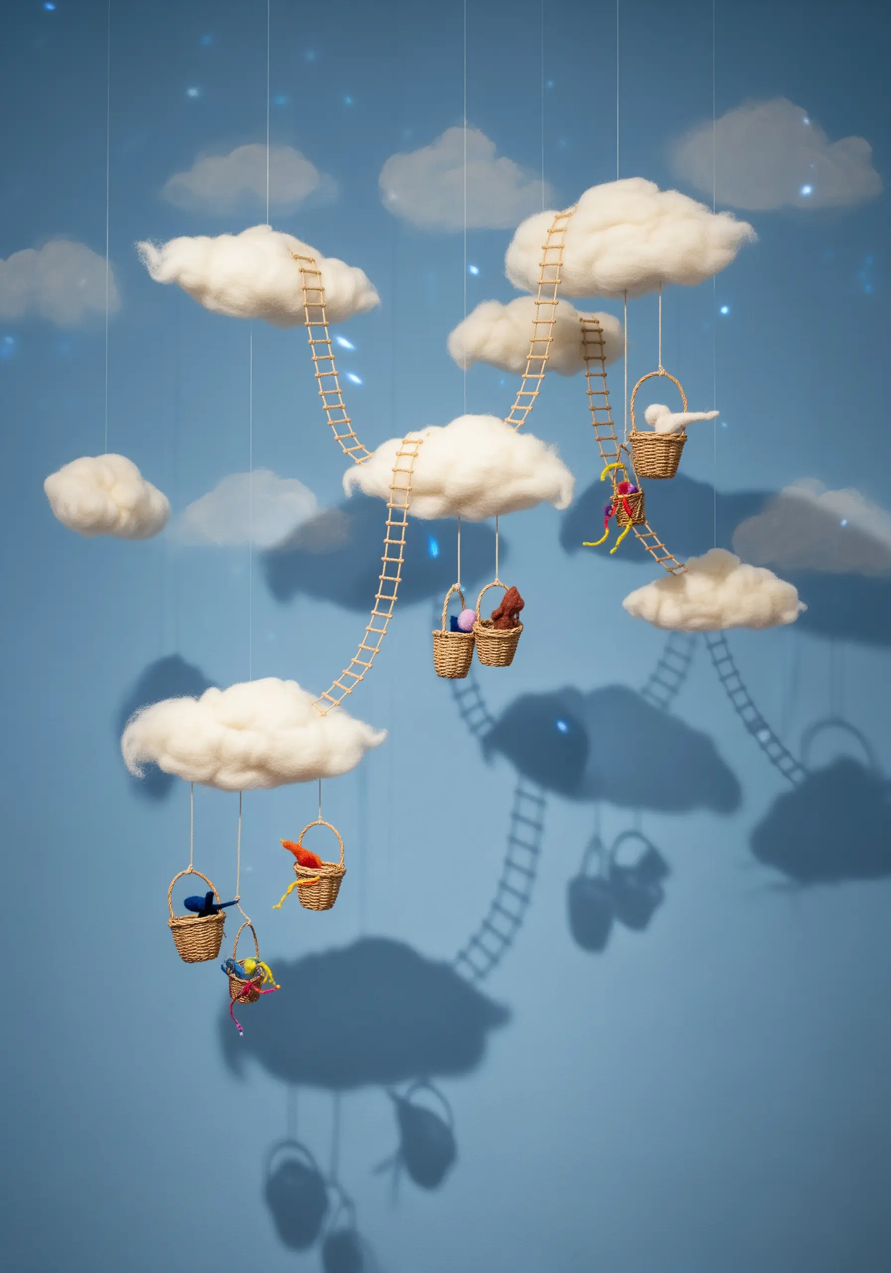 Hanging mobile with felt clouds, ladders, and baskets against a blue sky background