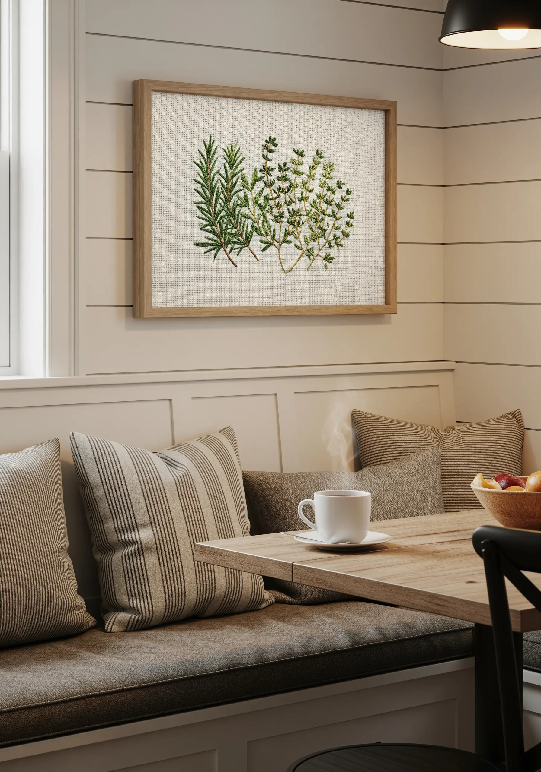 Embroidered rosemary and thyme sprigs framed in a kitchen breakfast nook.