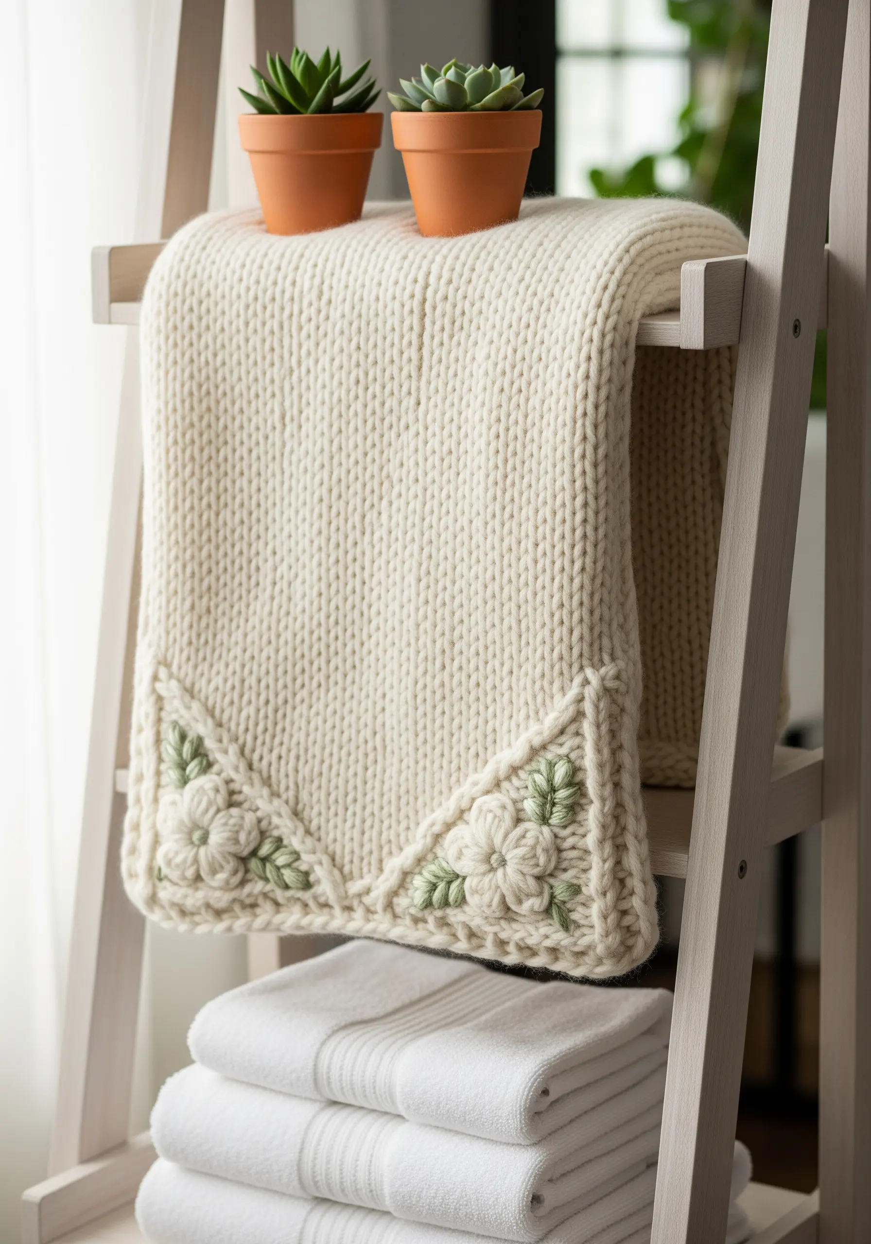 Cream knit blanket with white and green floral corner embroidery