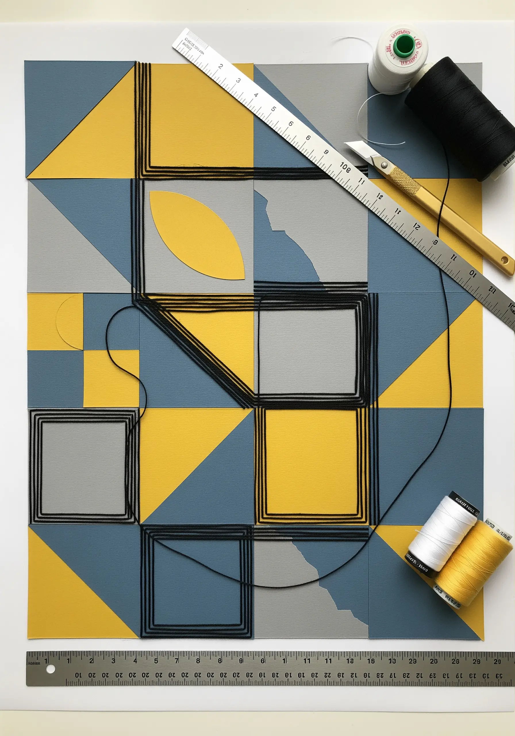 A geometric collage of colored paper with black thread laced through it to create graphic outlines.