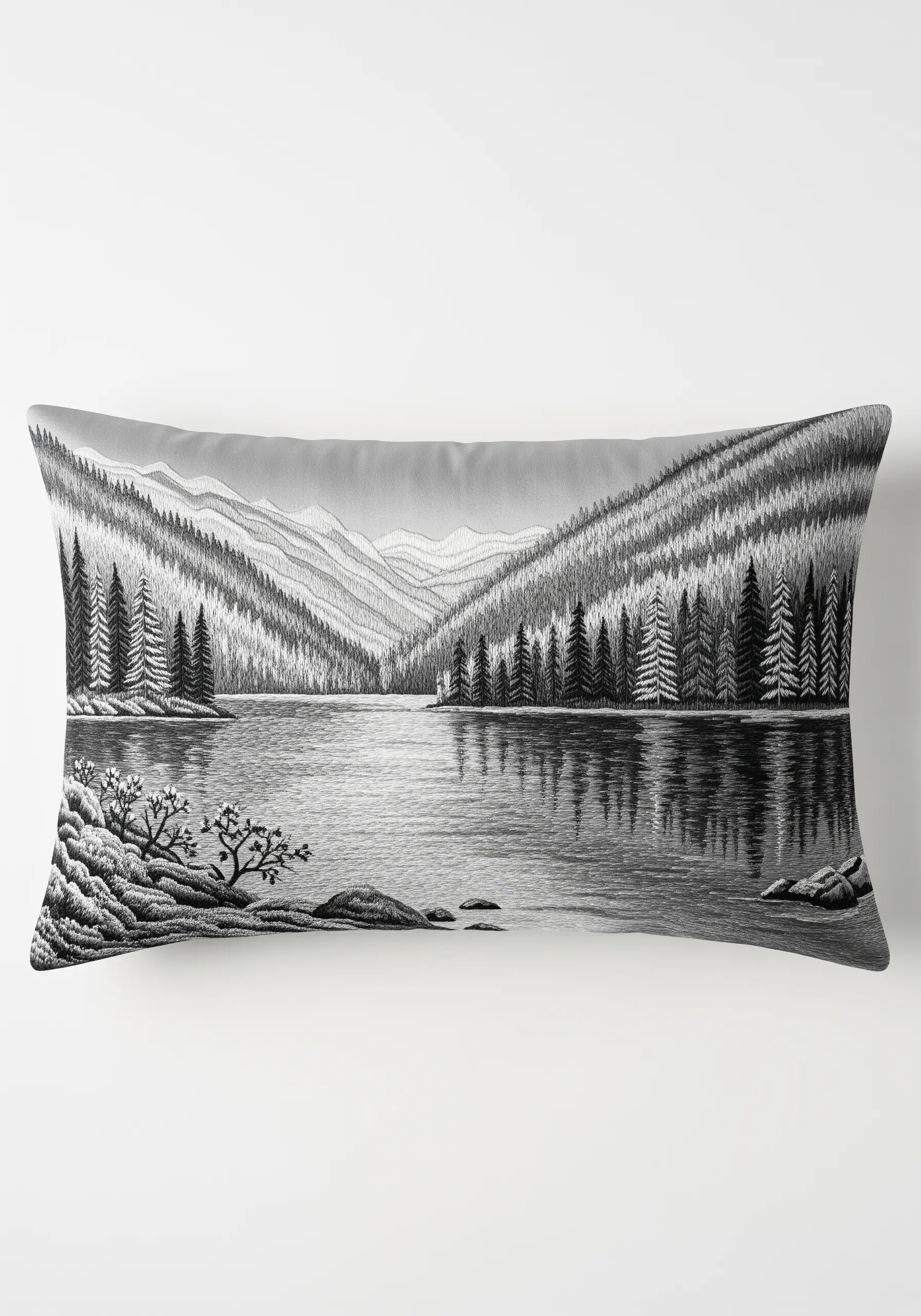 A highly detailed black-and-white embroidered landscape on a lumbar pillow, resembling an etching.