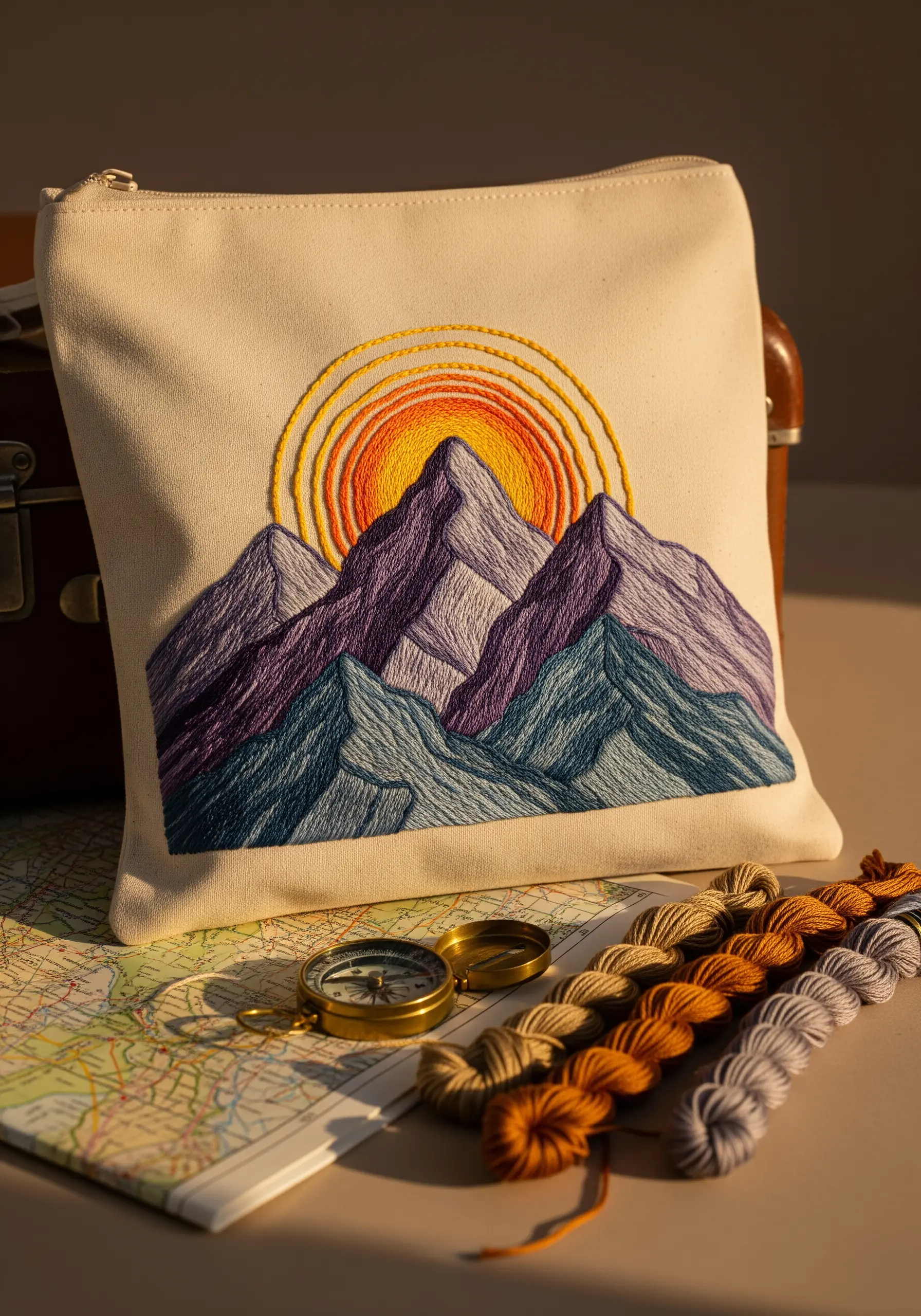 Embroidered mountain range at sunset with a gradient sun on a canvas pouch.