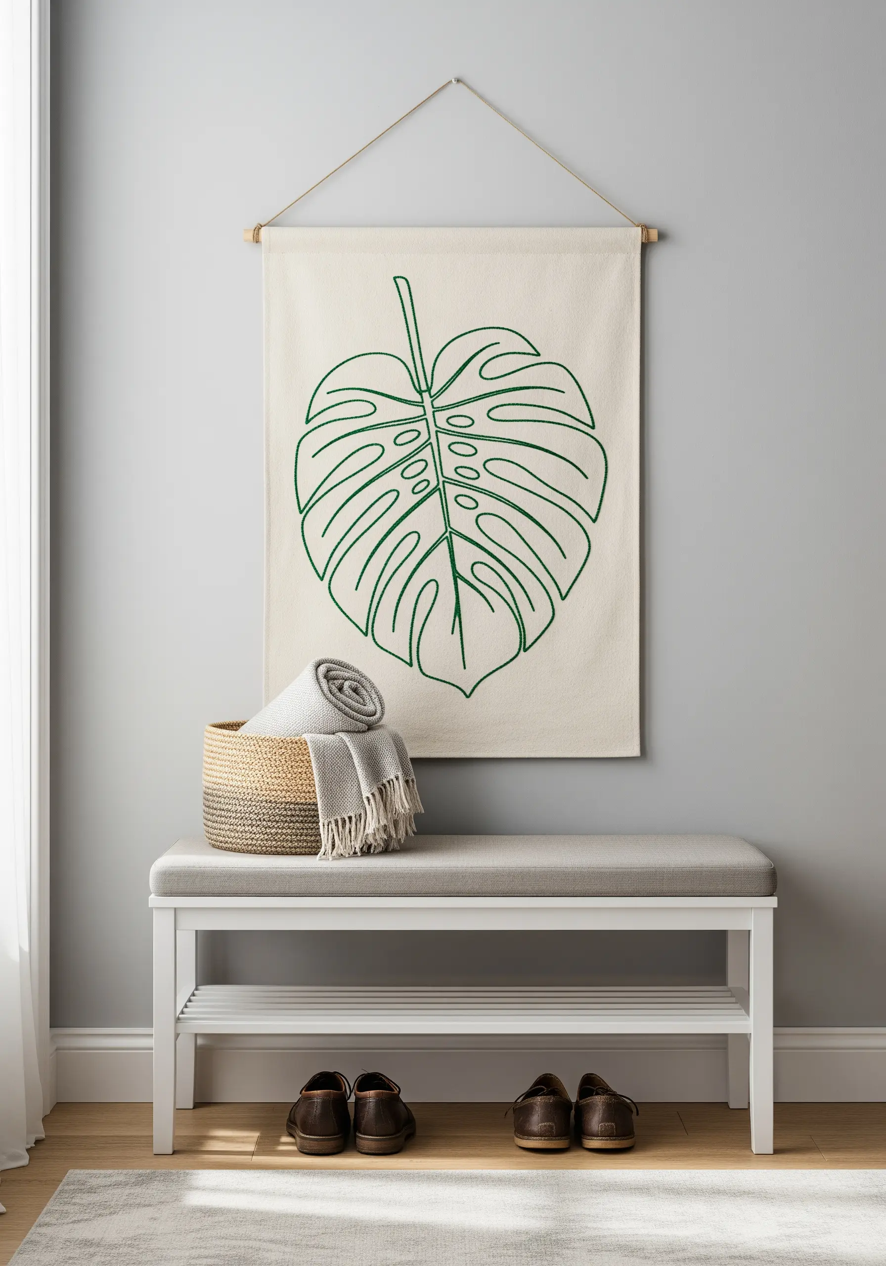 Large Monstera leaf outline embroidery on canvas wall hanging