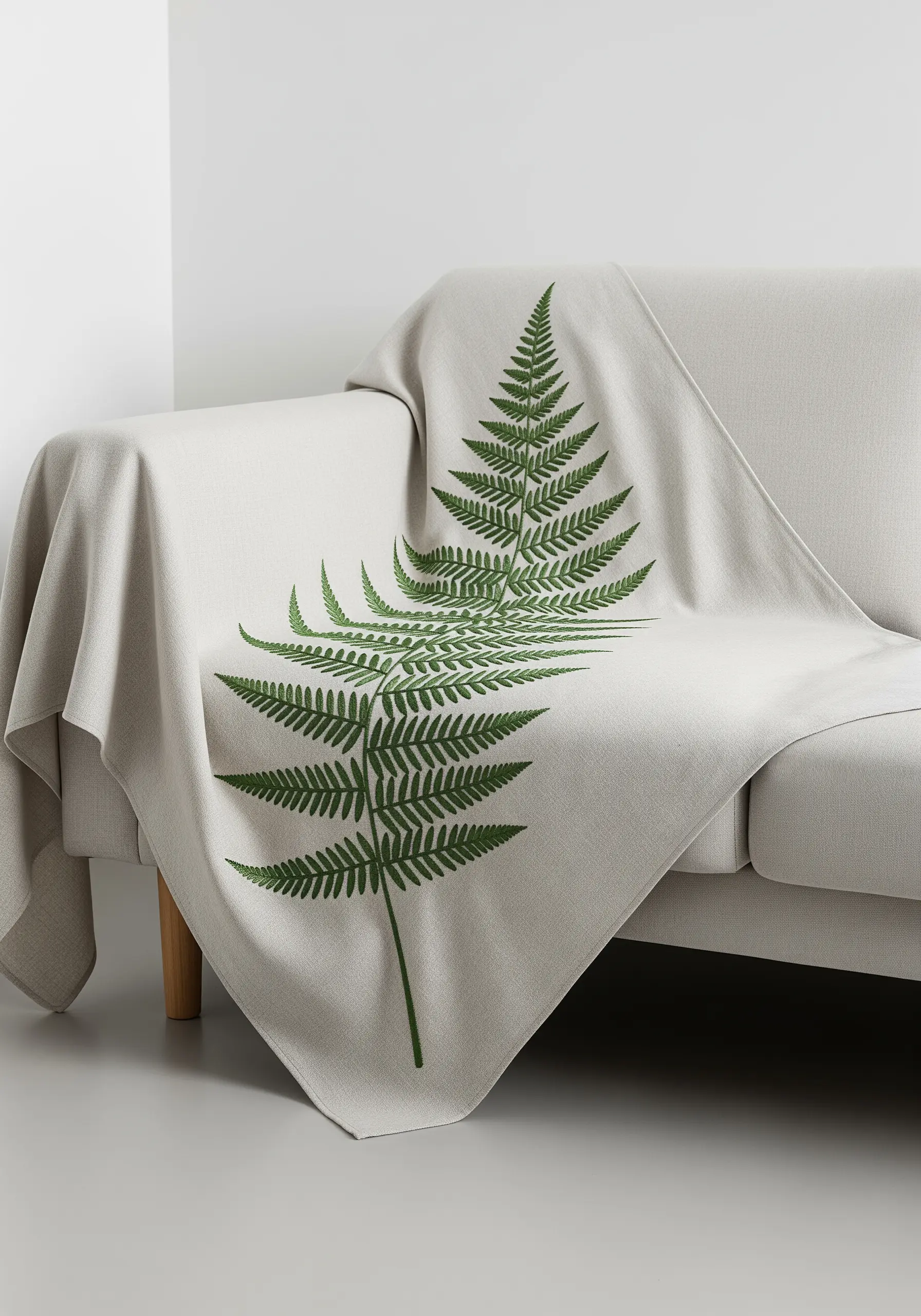 A large, detailed fern leaf embroidered in green on a light grey throw blanket.