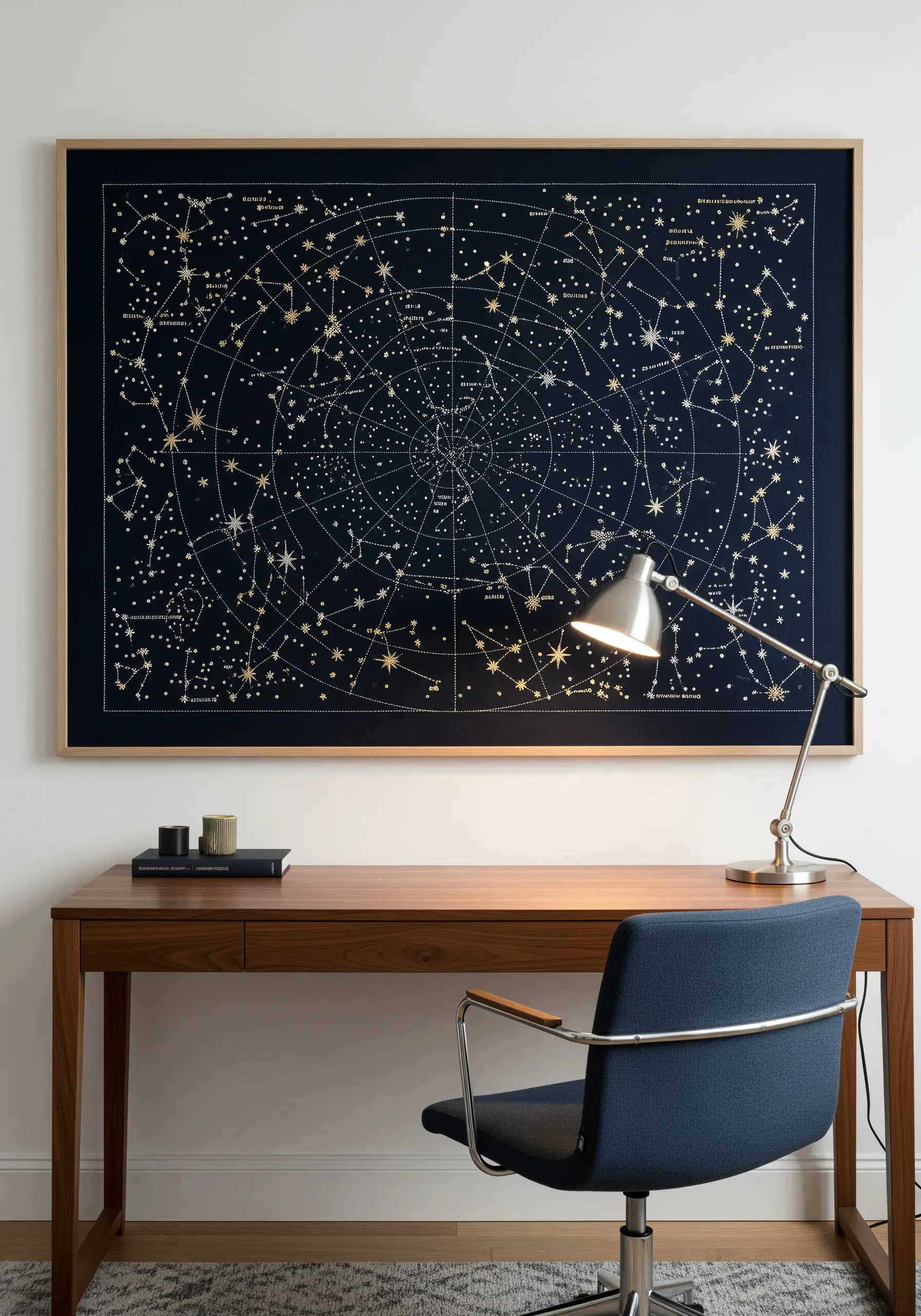 A large, framed embroidered celestial map with gold and white thread on navy fabric.