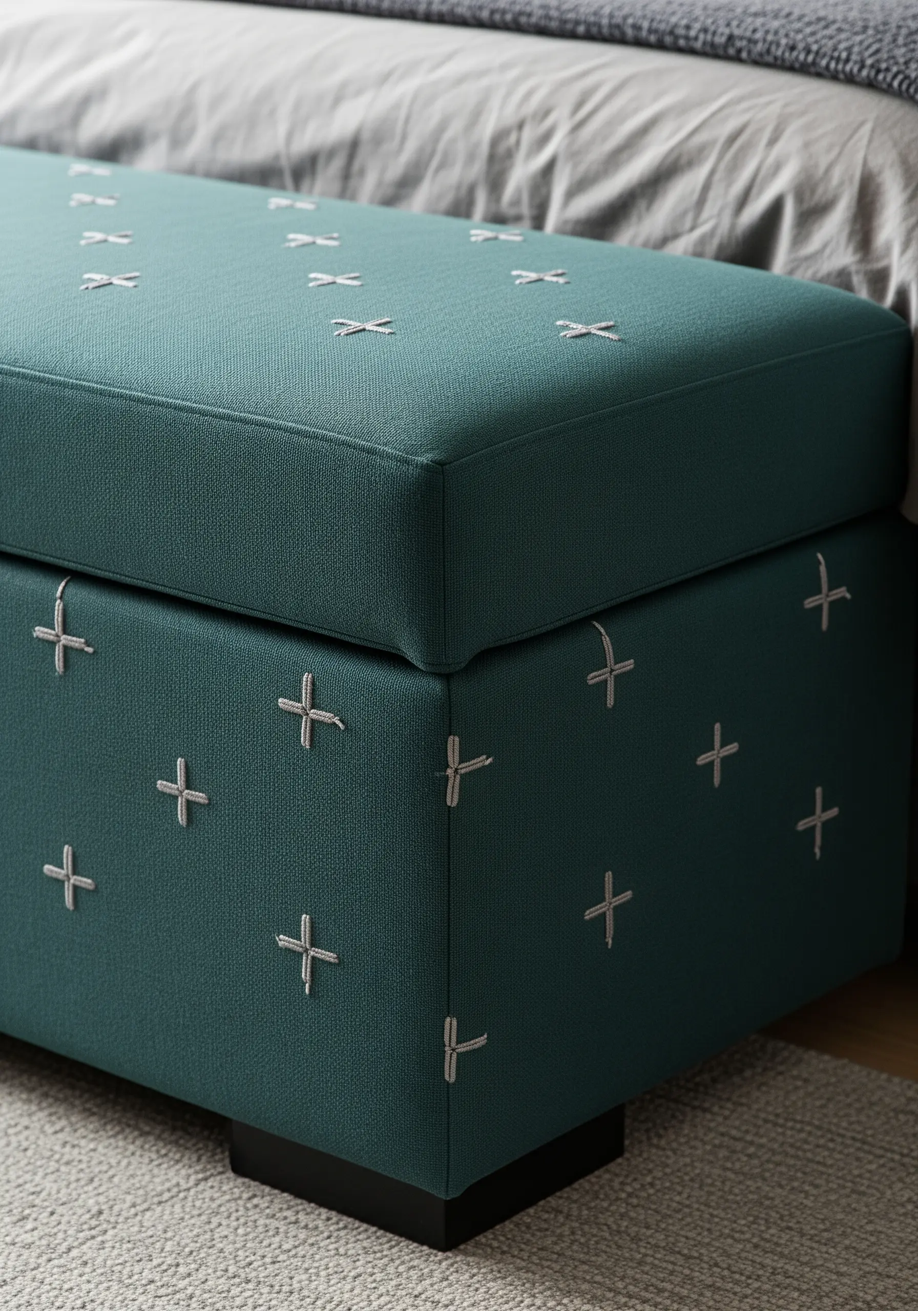 Large, scattered white cross stitches on the upholstery of a teal storage bench.