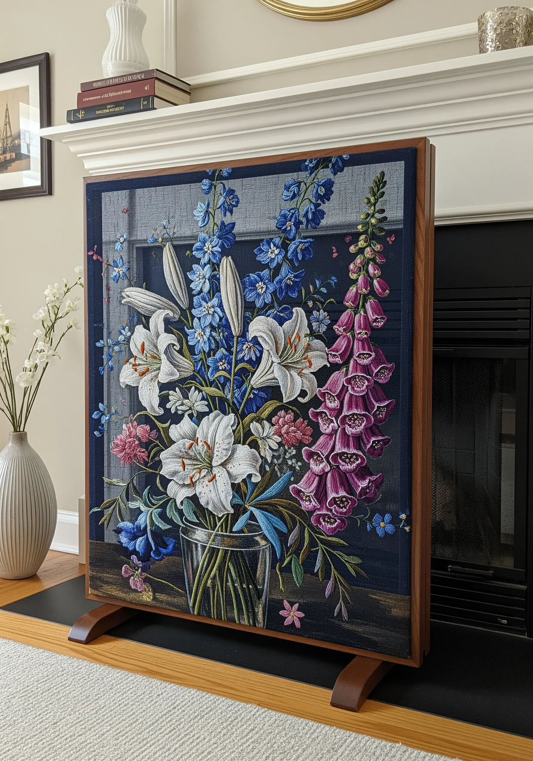 A large embroidered fireplace screen with a still-life bouquet of lilies and foxgloves.