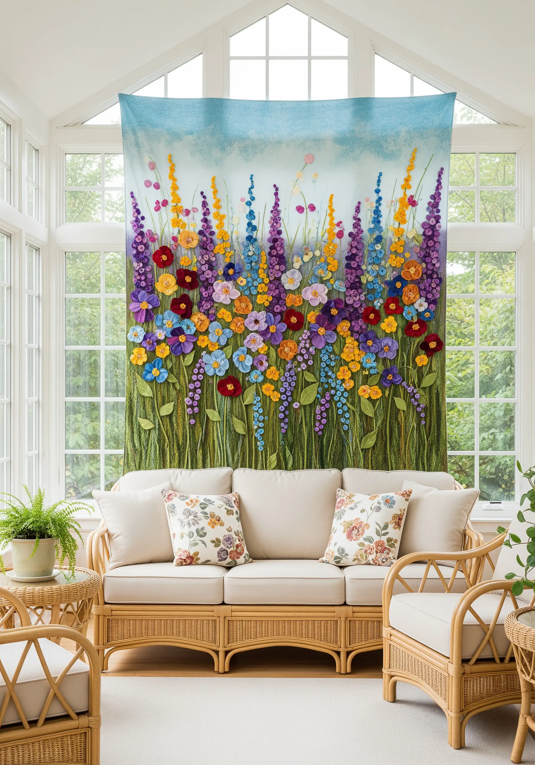 Large felt flower wall hanging installation