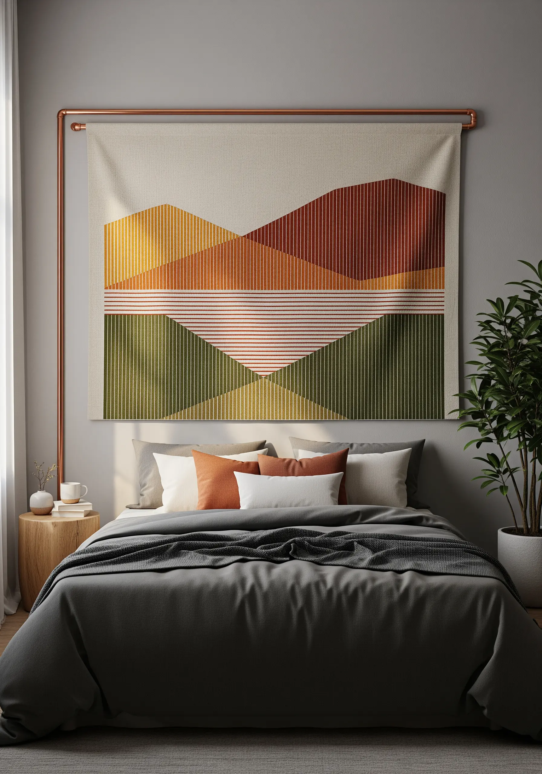 Large fabric wall hanging above a bed featuring abstract geometric mountains in earth tones