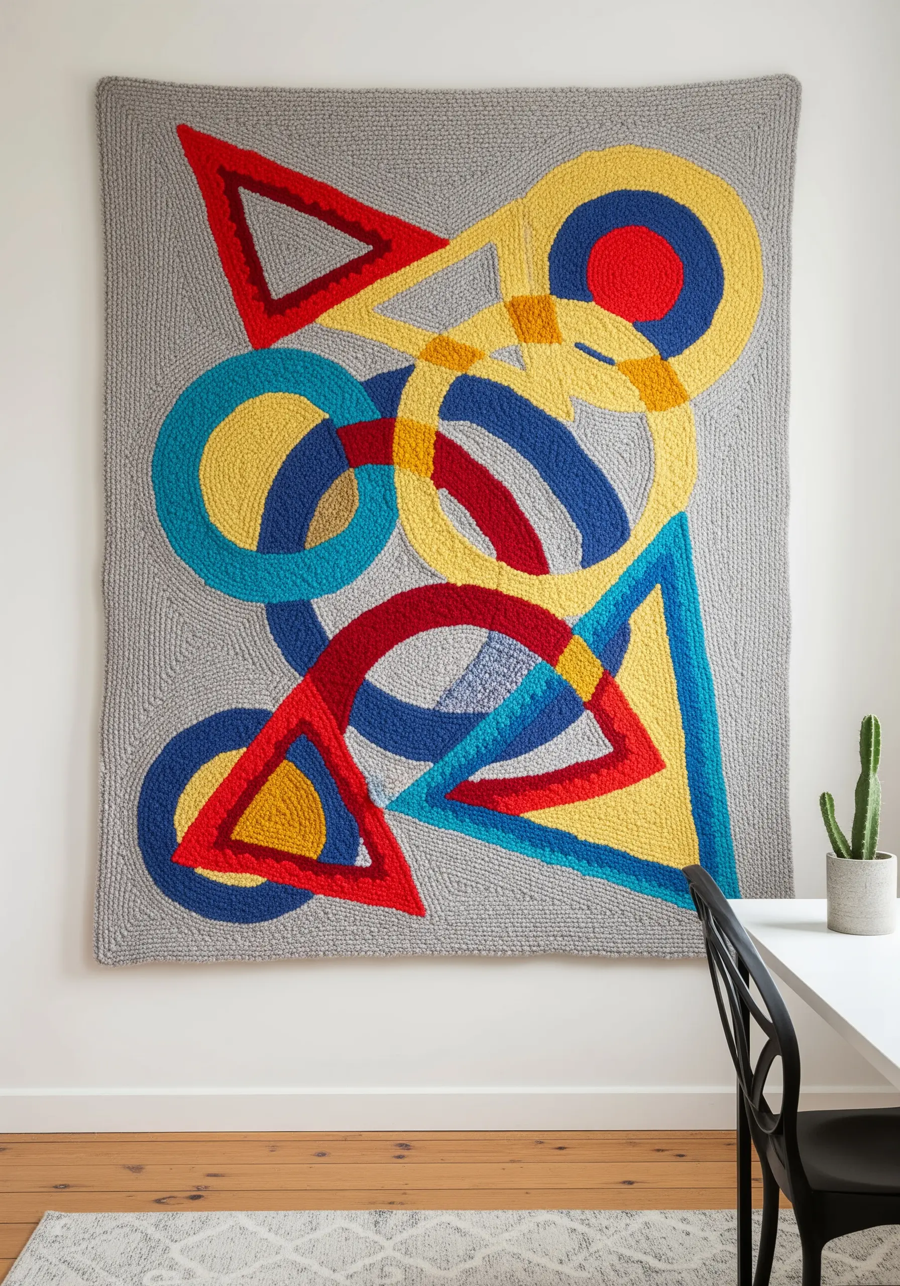 Large punch needle rug with overlapping abstract geometric shapes in red, blue, and yellow.