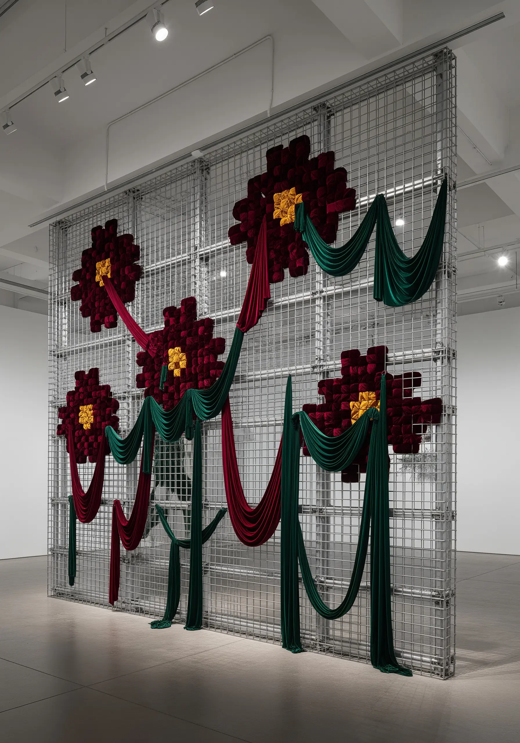 Large wire grid installation with velvet floral embroidery