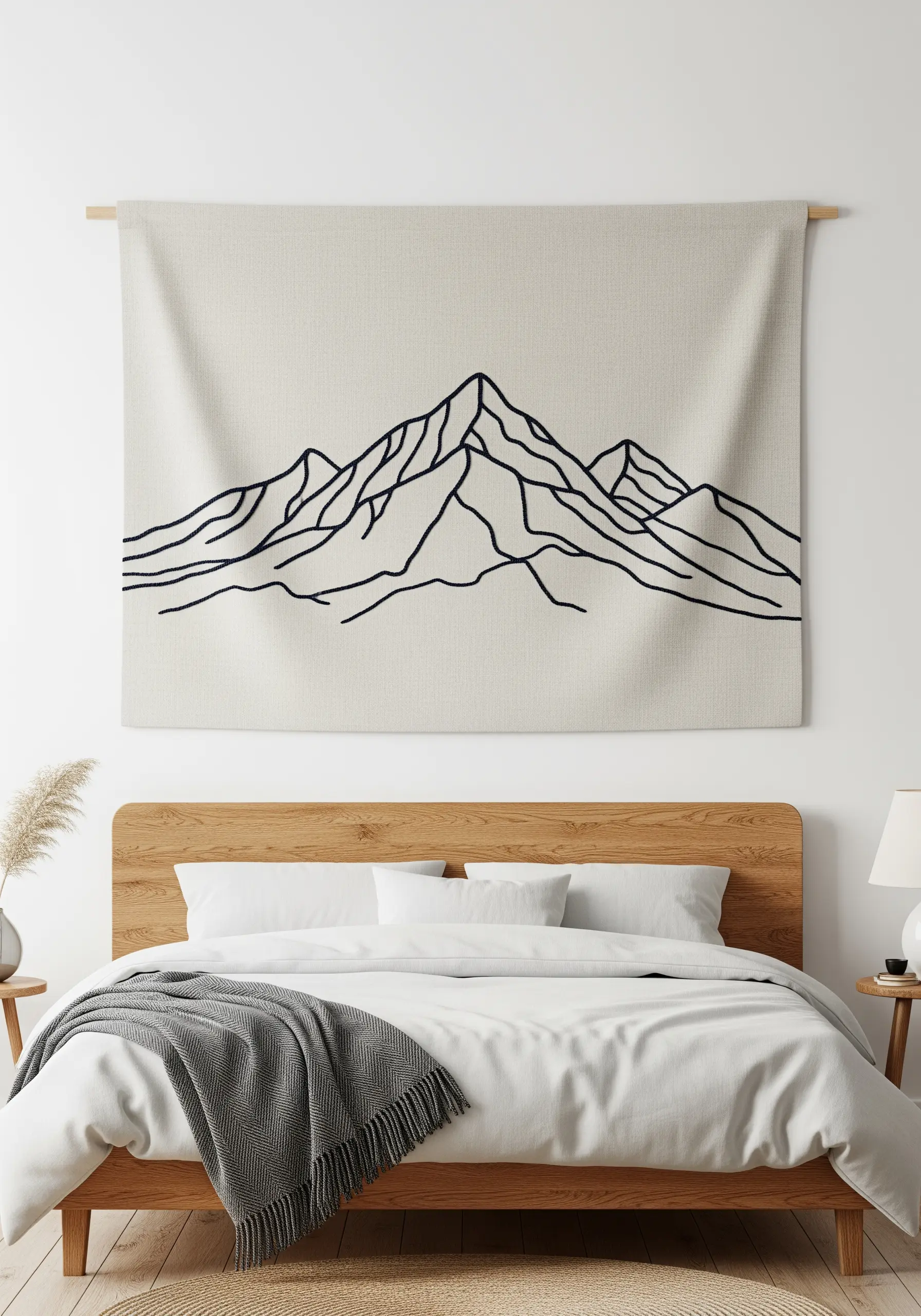 Large embroidered wall hanging with a black line-art mountain range.