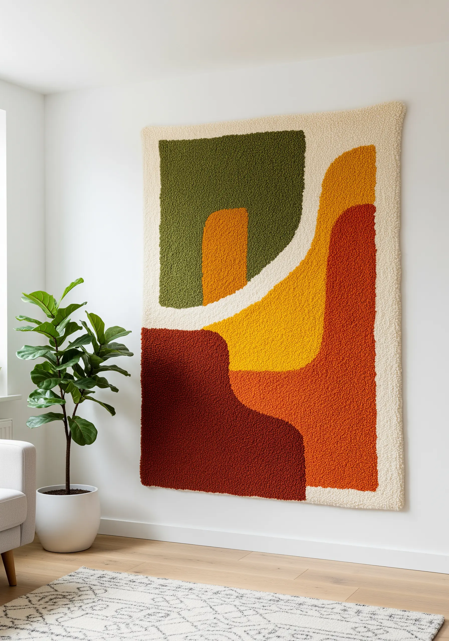 Large tufted wall hanging with abstract green, orange, and red shapes