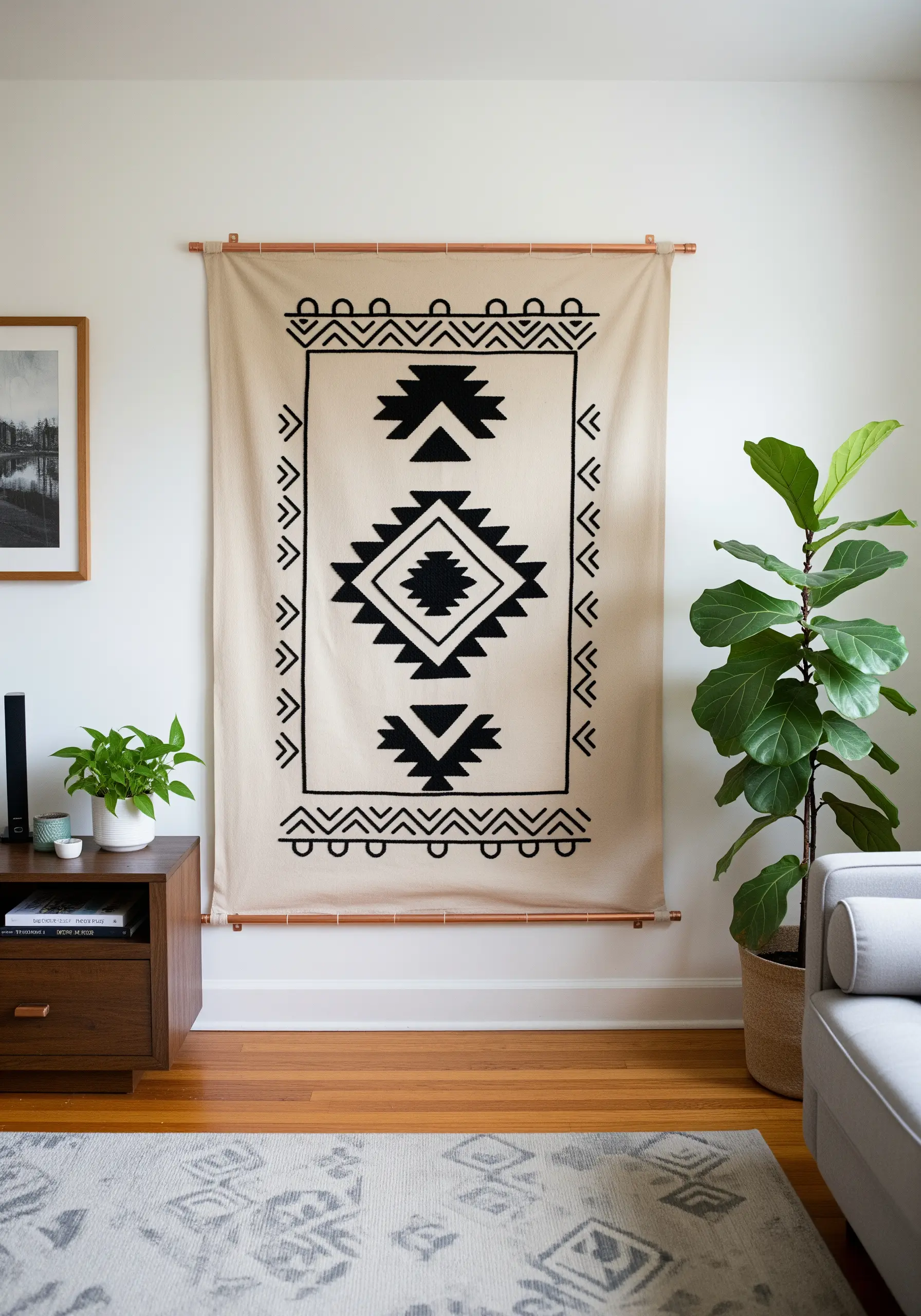Large geometric wall hanging tapestry with black patterns