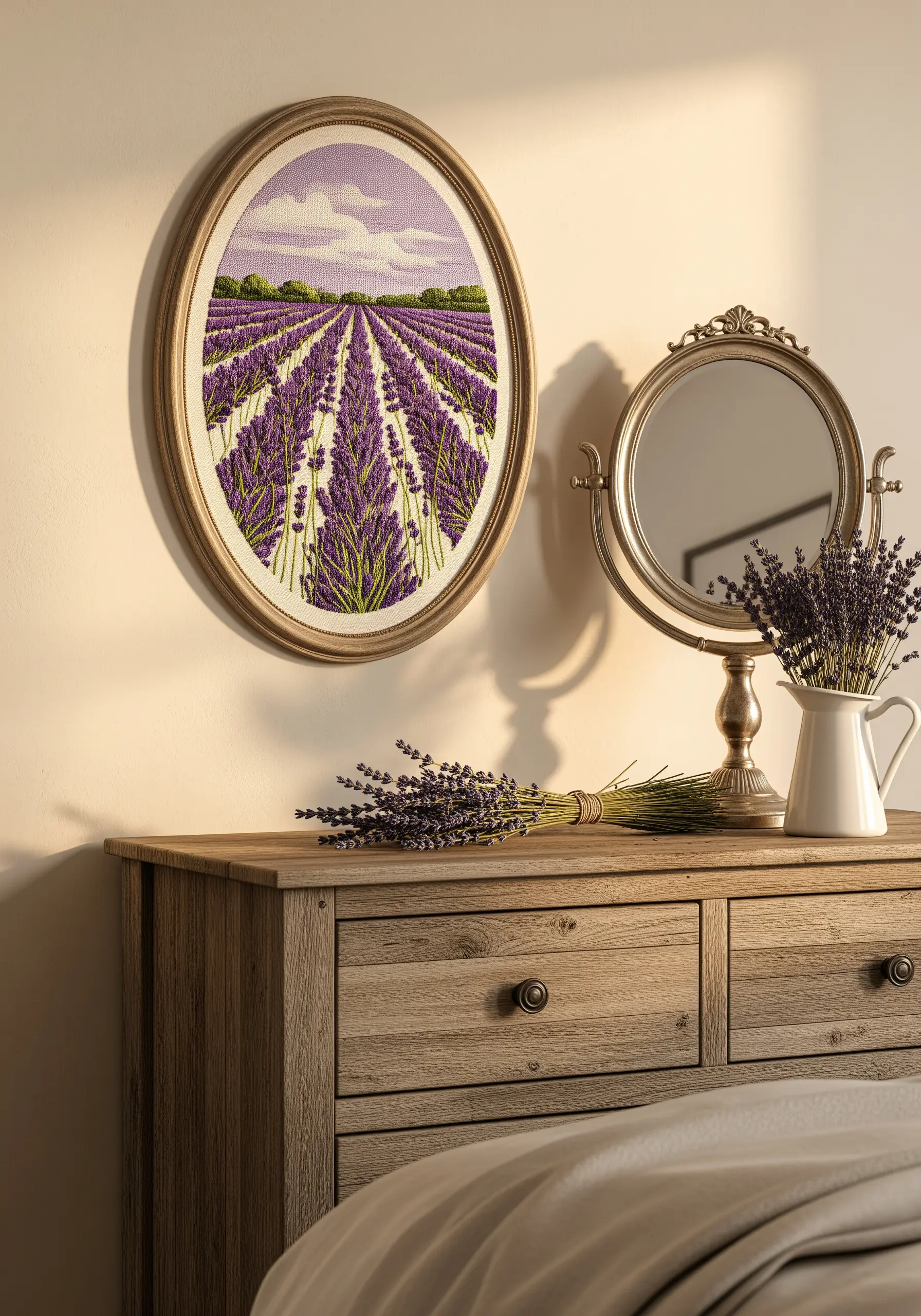 Oval-framed embroidery of a lavender field, showing perspective with smaller stitches in the distance.