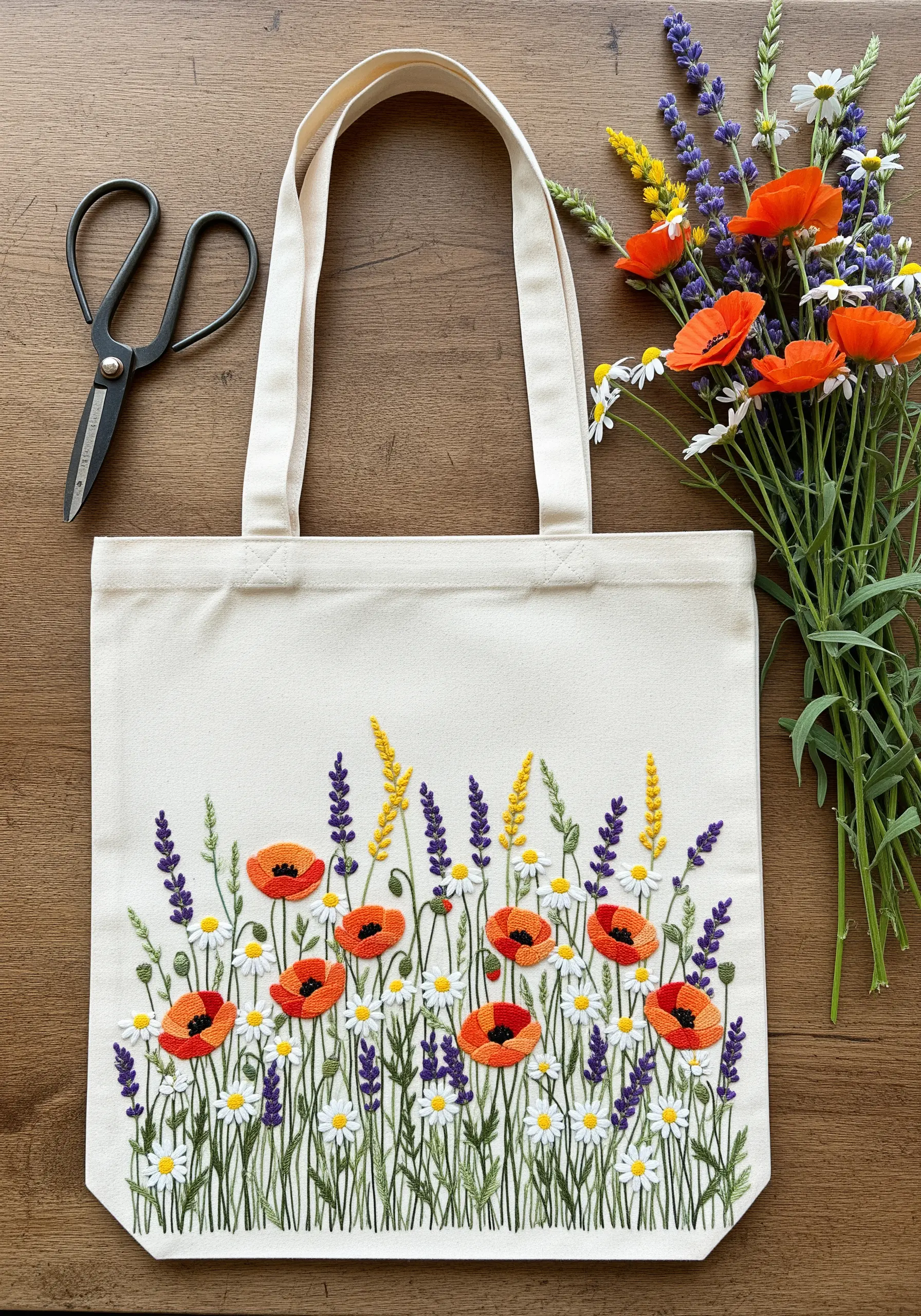 A dense wildflower meadow with poppies, daisies, and lavender embroidered on a tote bag.