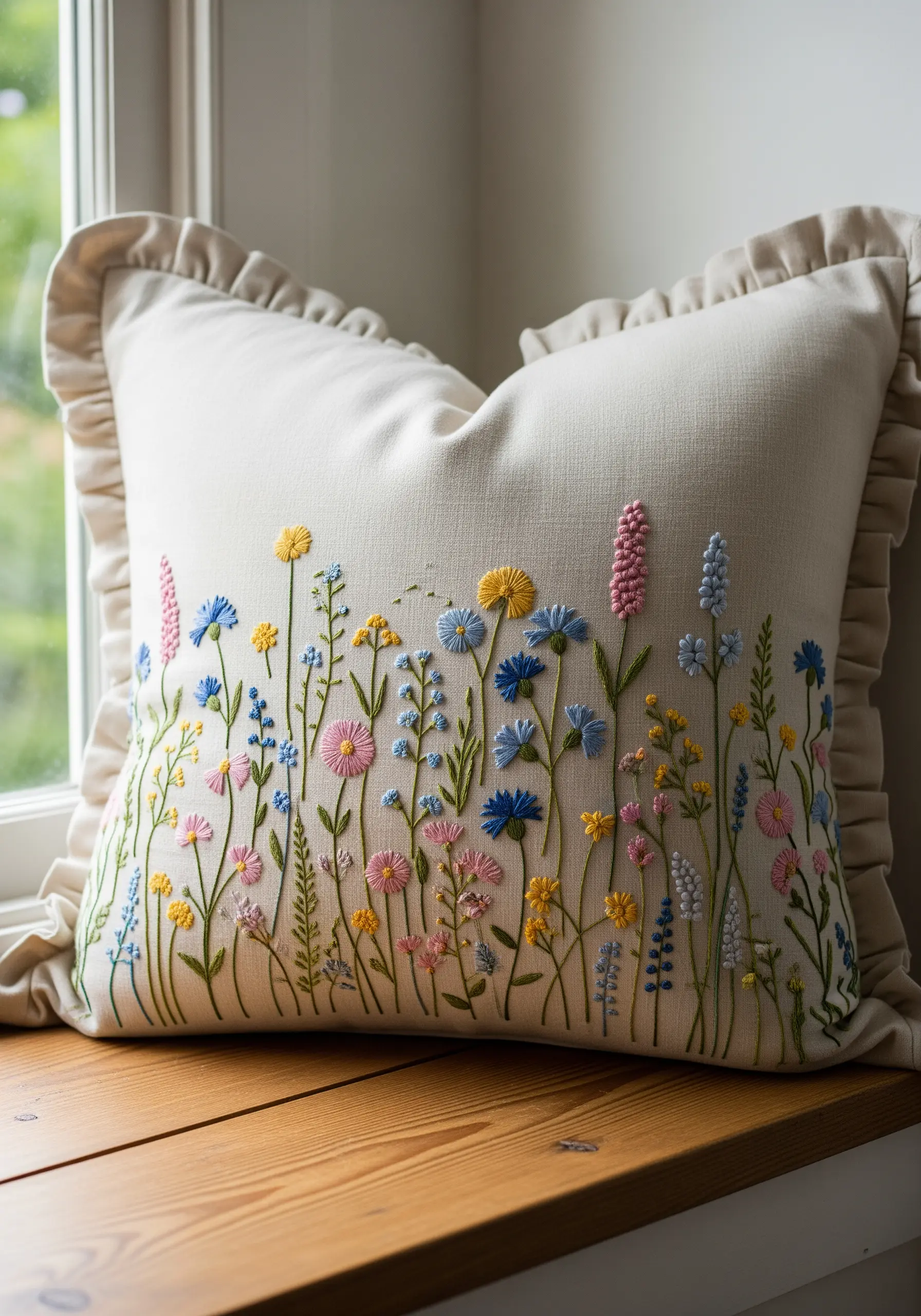 Embroidered wildflower meadow on a ruffled cream cushion cover.