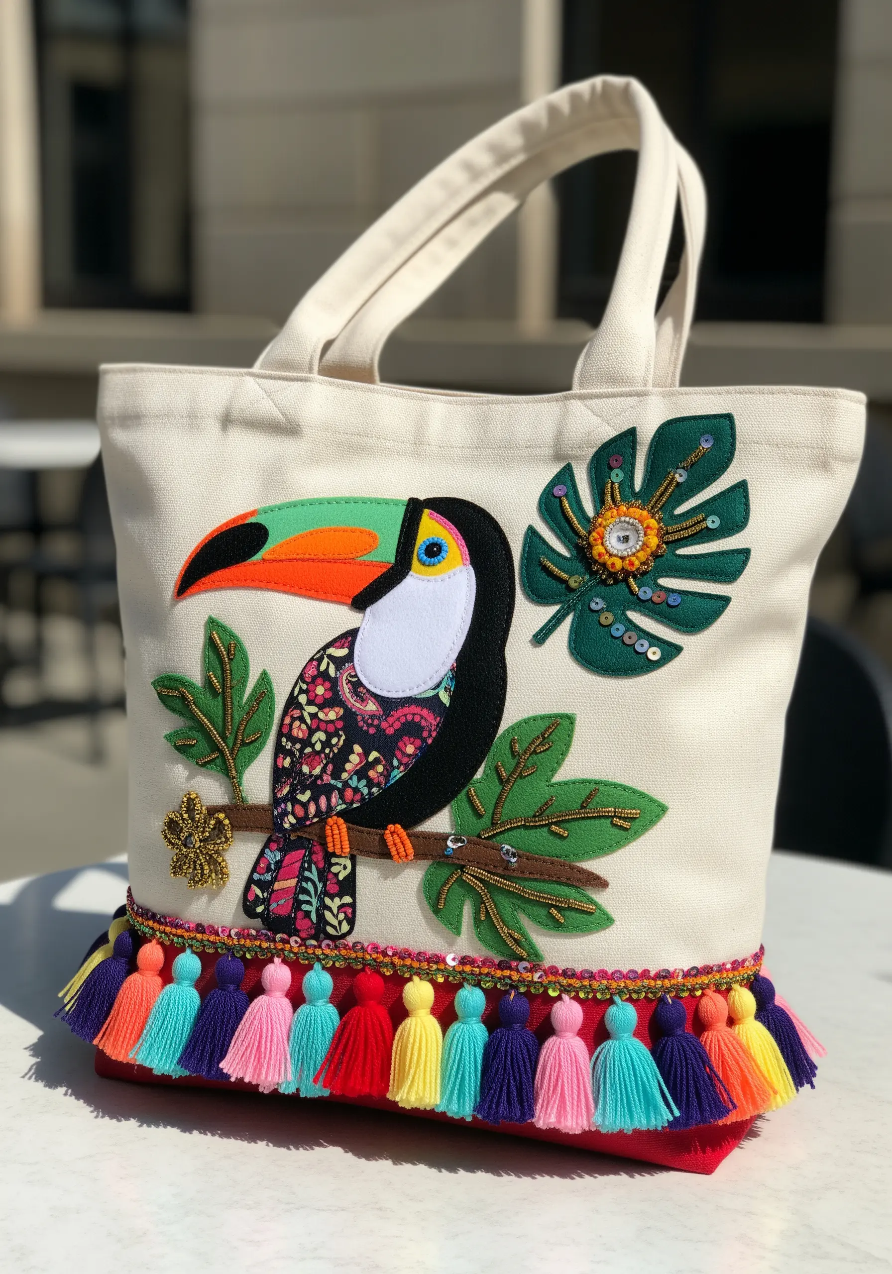 A canvas tote bag decorated with a colorful toucan made from layered appliqué and beads.