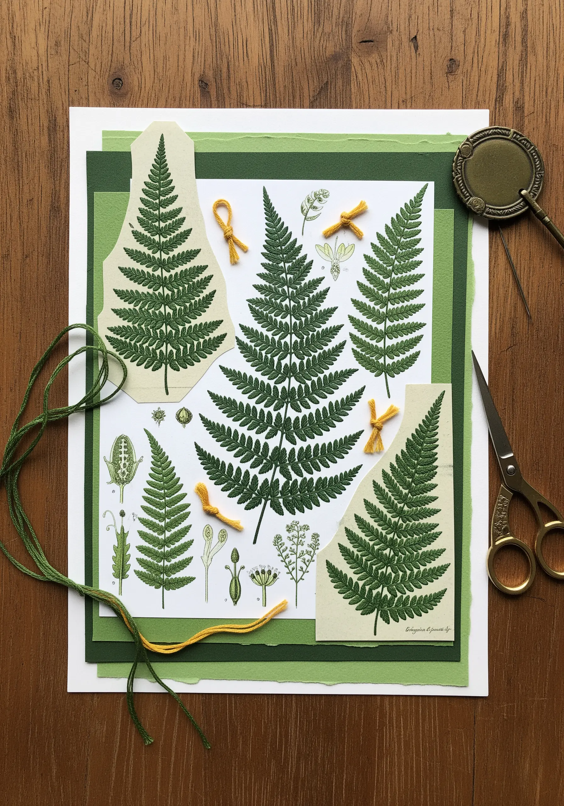 Vintage fern illustrations on layered green paper with yellow and green thread accents.
