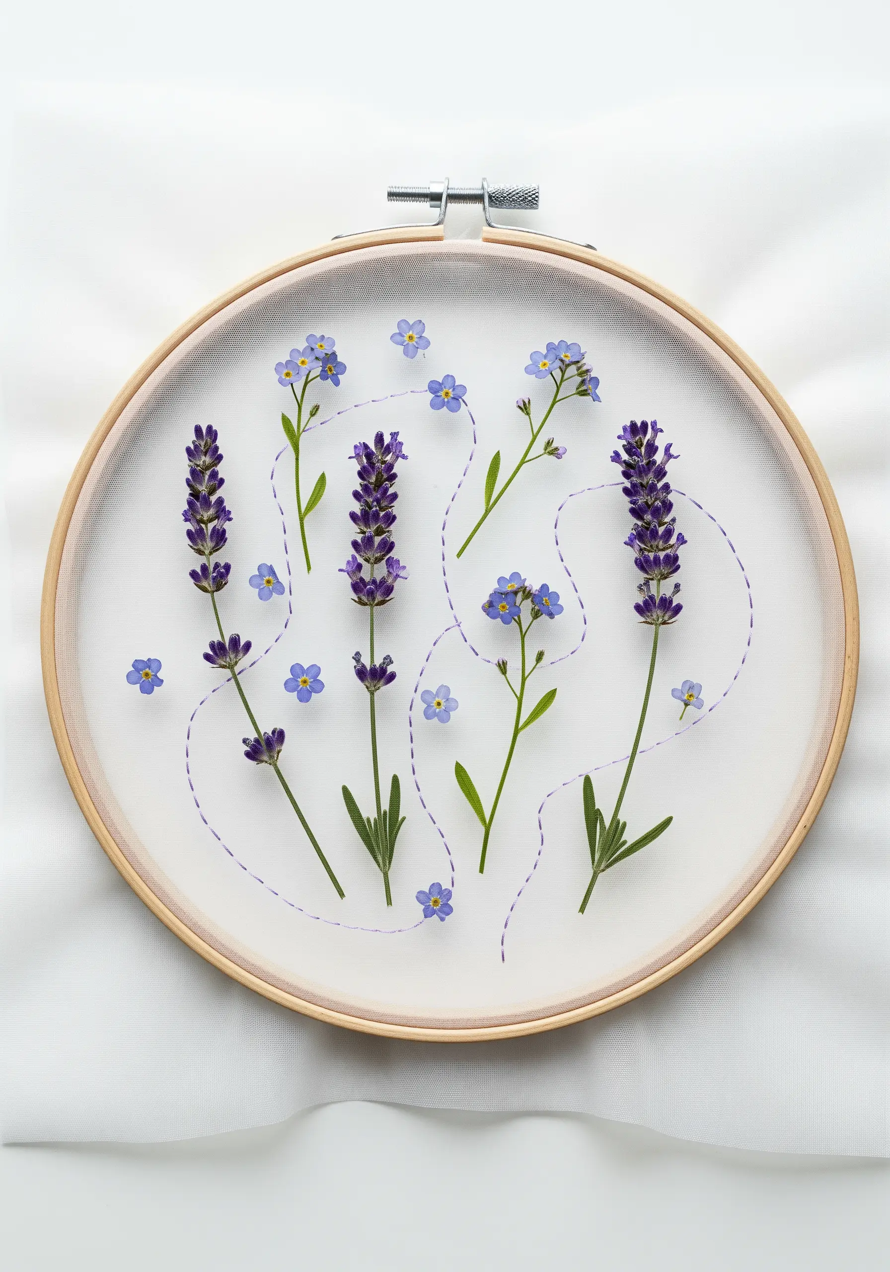Pressed lavender and forget-me-nots on sheer fabric with a delicate purple running stitch.