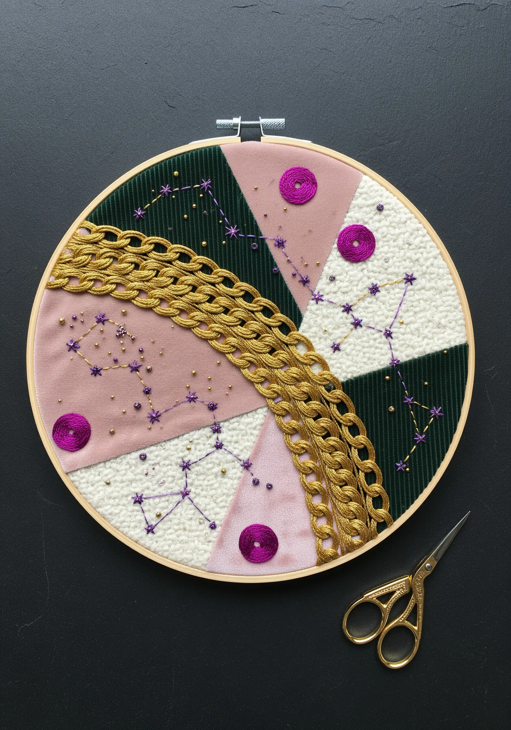 Celestial embroidery hoop with velvet, corduroy, gold trim, beads, and constellation stitches.