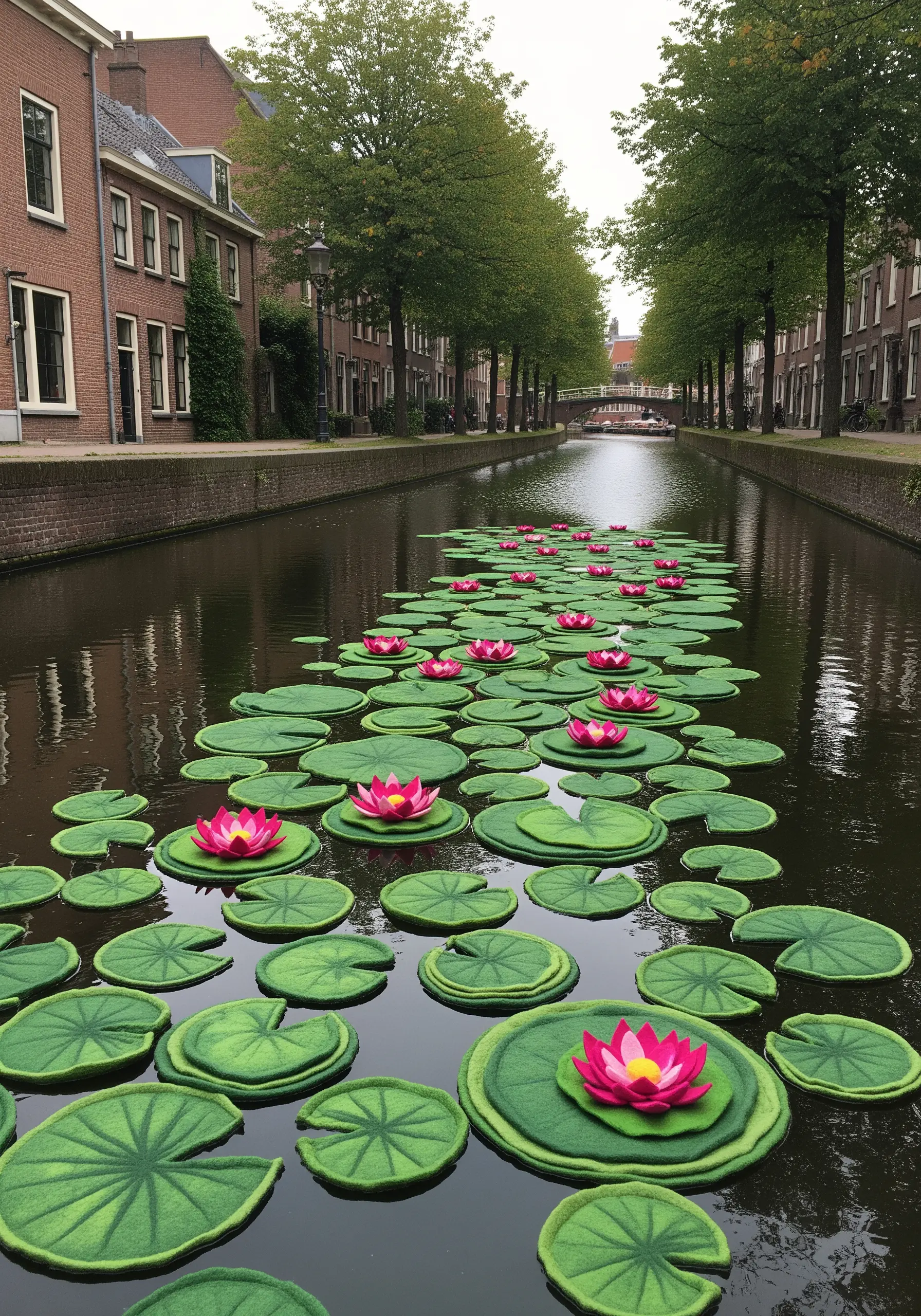 A serene canal filled with floating lily pads and pink water lilies made from felt.