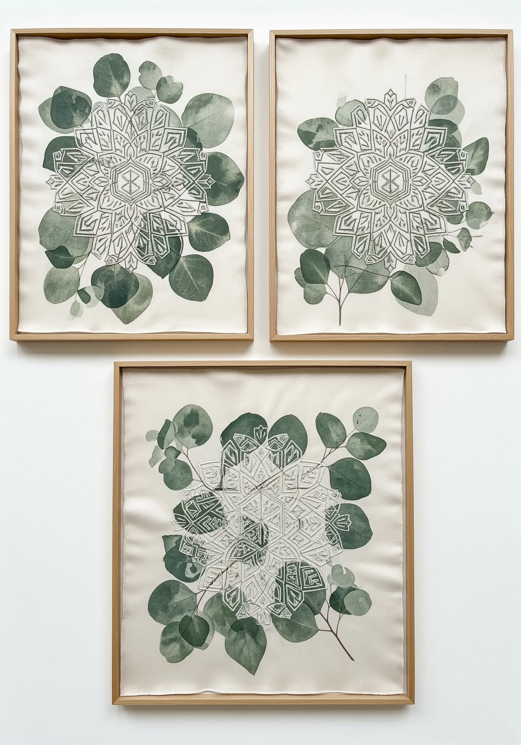 A triptych of framed fabric art featuring green block-printed eucalyptus leaves and an embroidered mandala.