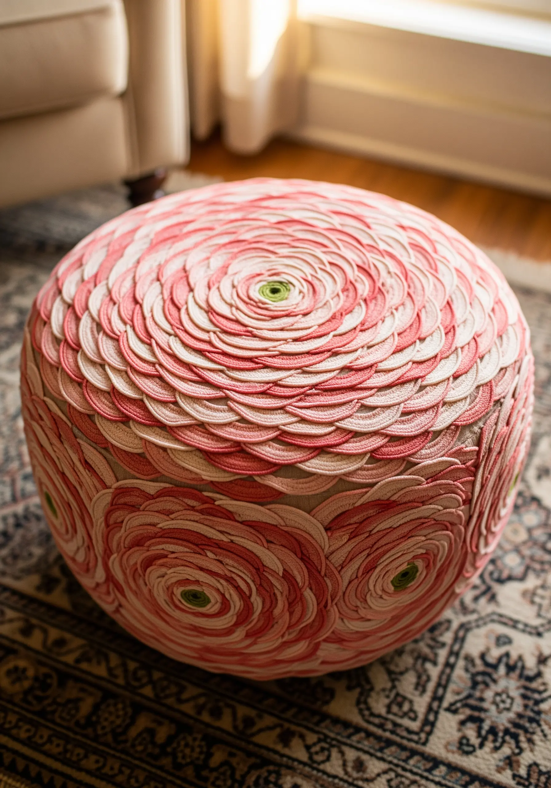 A round ottoman covered in layers of pink and white fabric petals, creating a large 3D flower.
