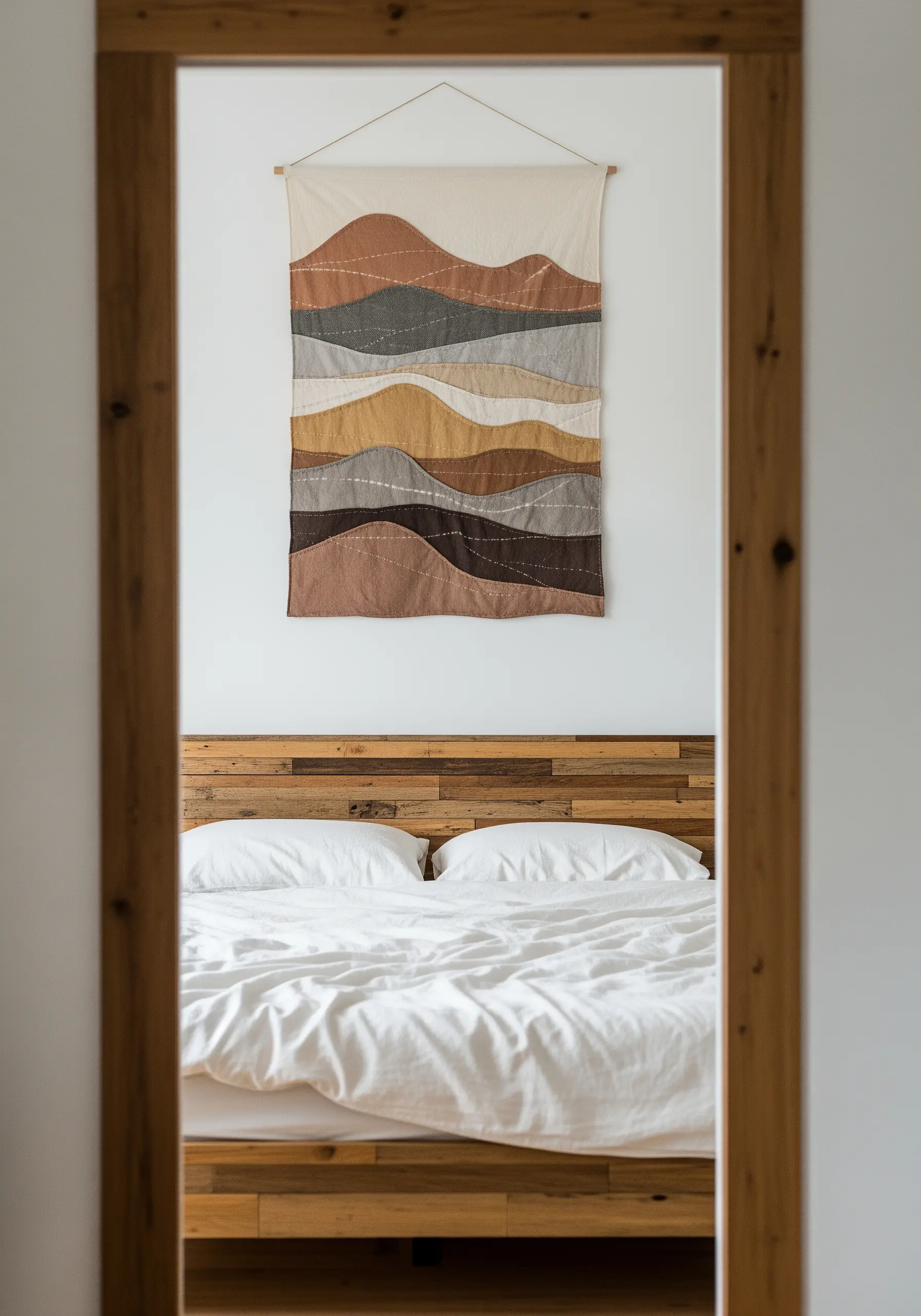 A wall hanging depicting an abstract landscape made from layered neutral fabrics.