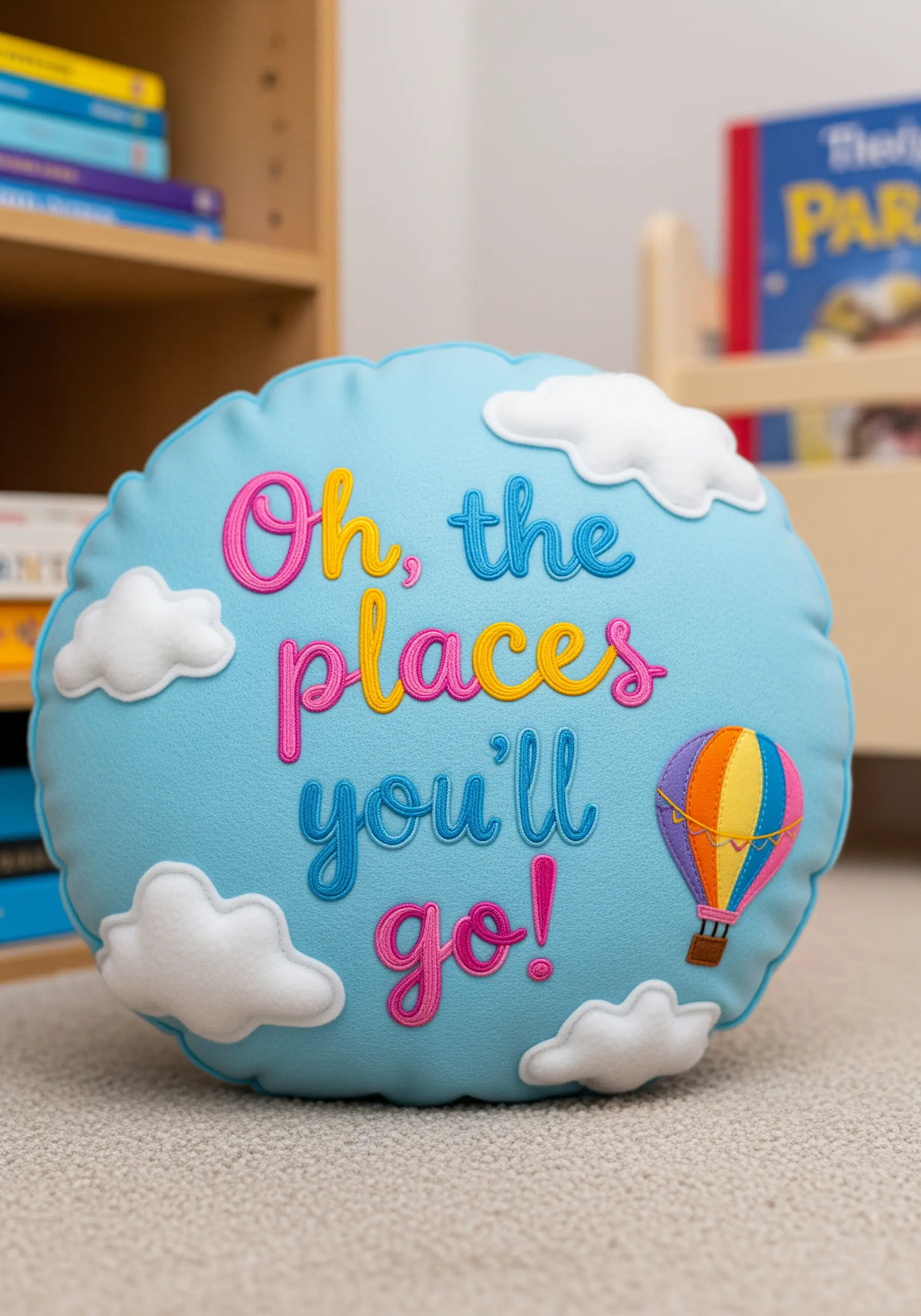 Colorful satin stitch lettering combined with white felt appliqué clouds on a bright blue pillow.