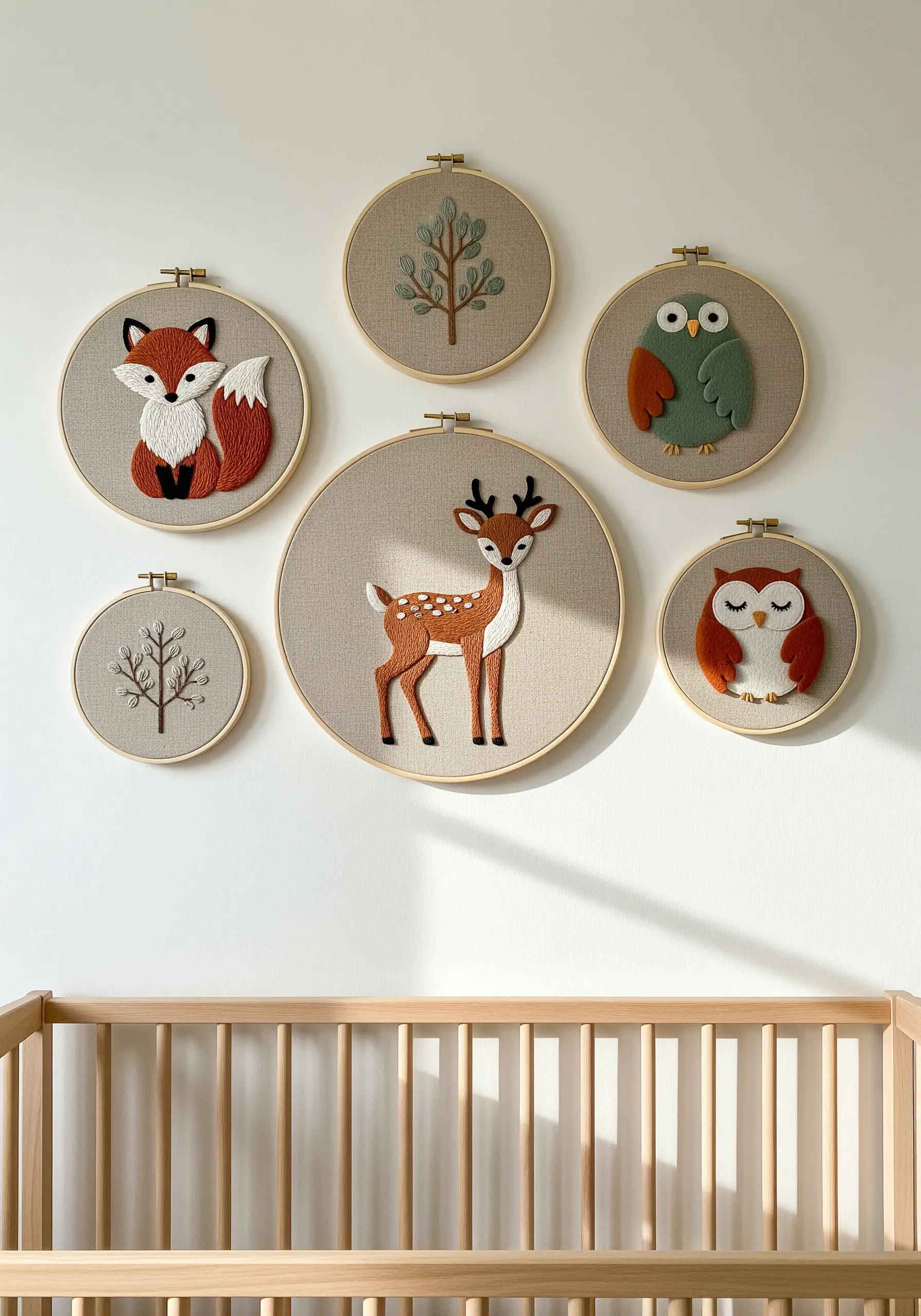 A collection of woodland animal embroidery hoops with felt appliqué details.