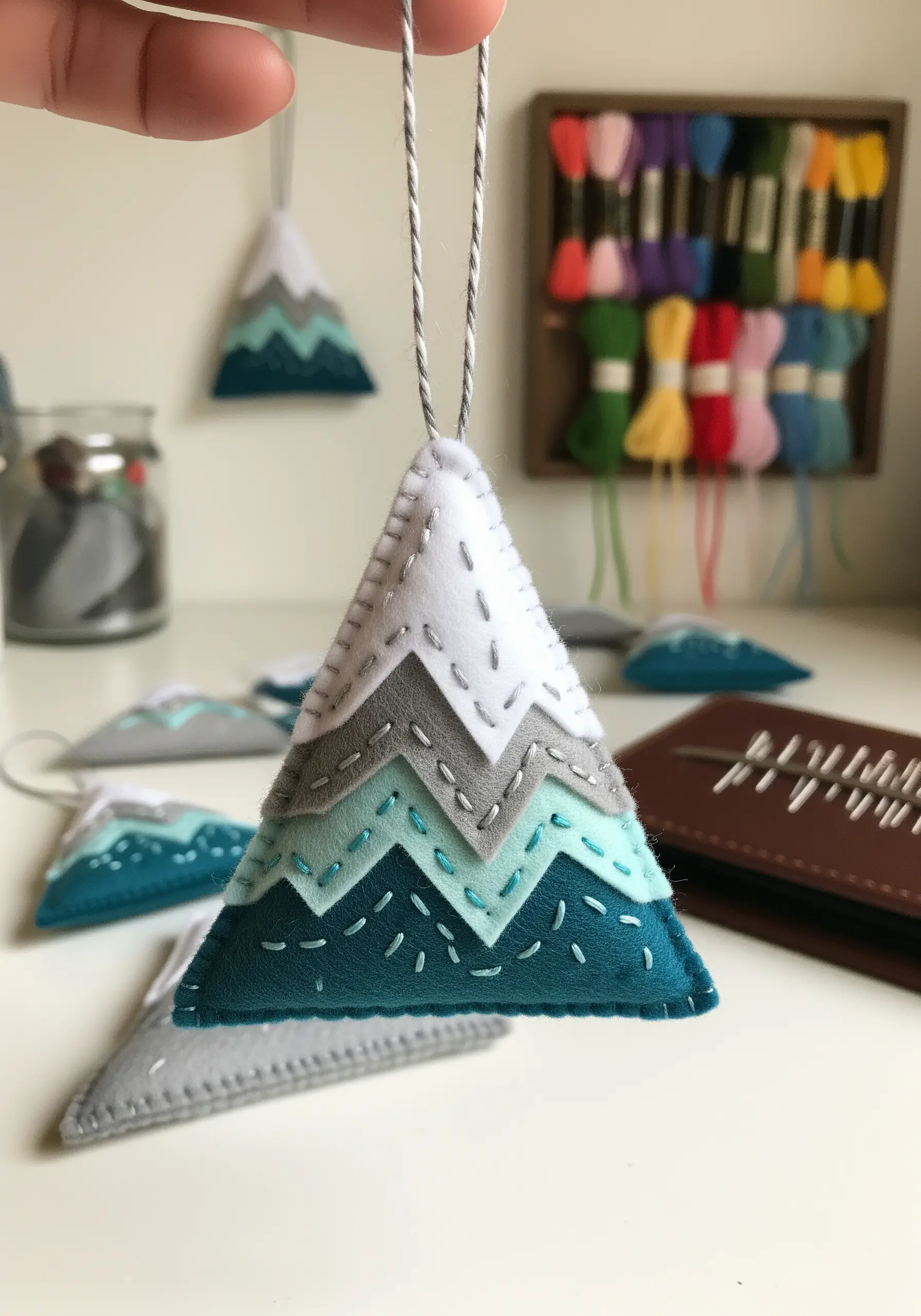 A layered felt ornament in the shape of a mountain, stitched with a simple running stitch.