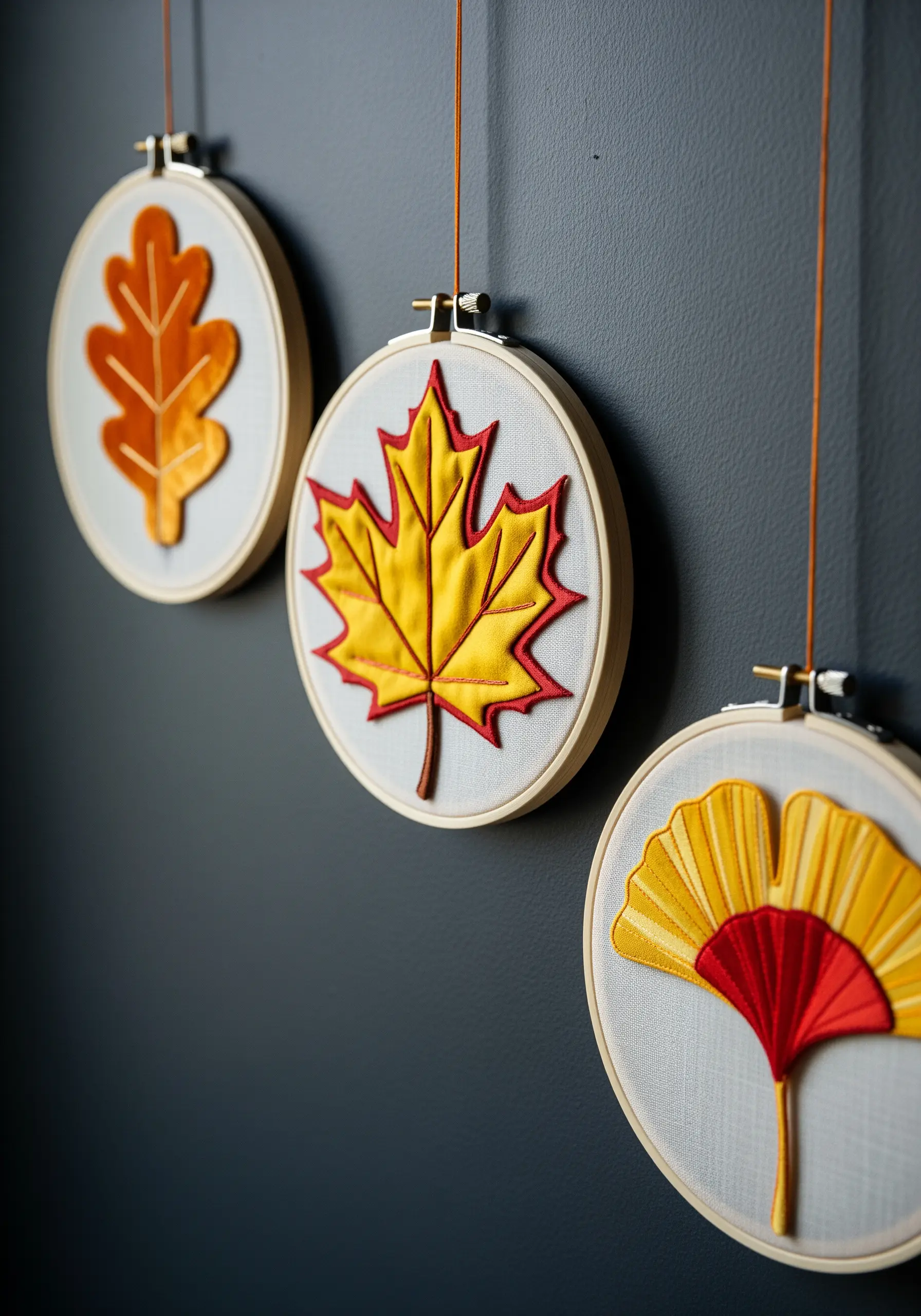 Three embroidery hoops with layered felt autumn leaves in yellow, orange, and red.