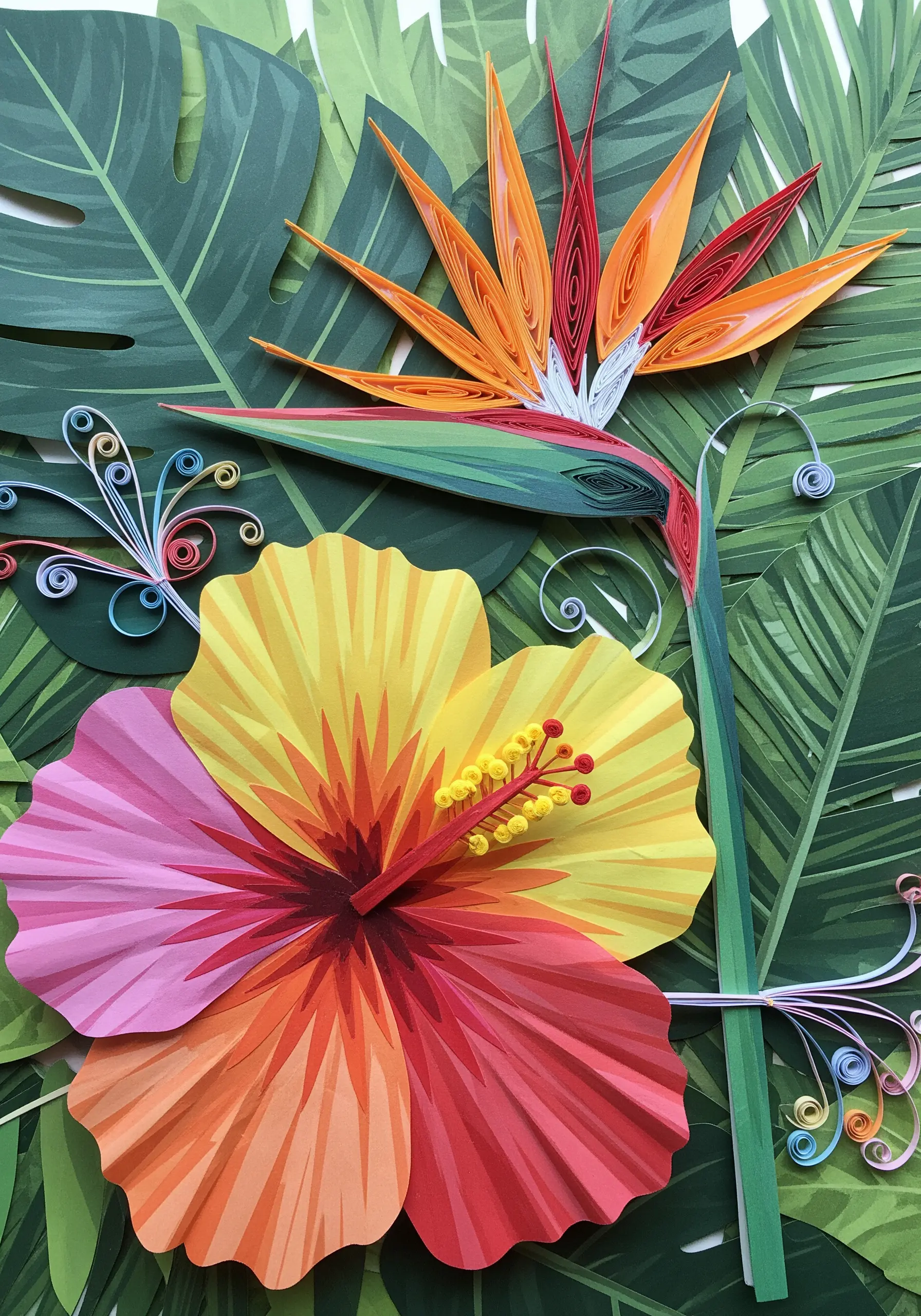 A vibrant paper collage of tropical flowers like hibiscus and bird of paradise.