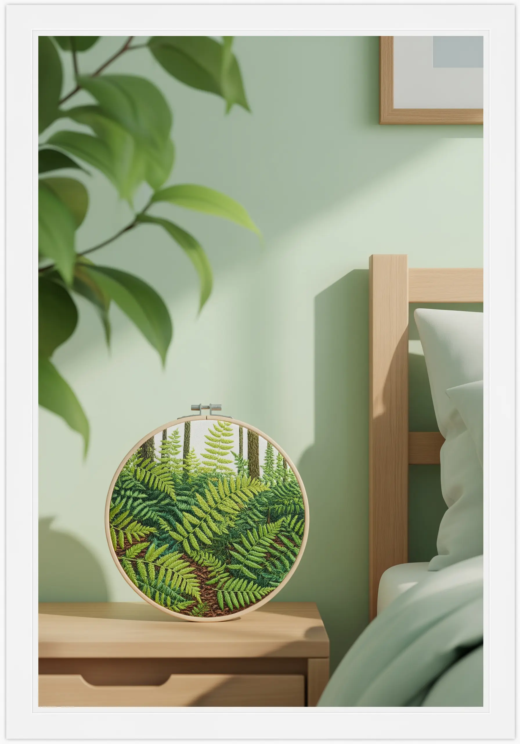 A dense embroidery of overlapping green ferns, creating a lush forest scene.