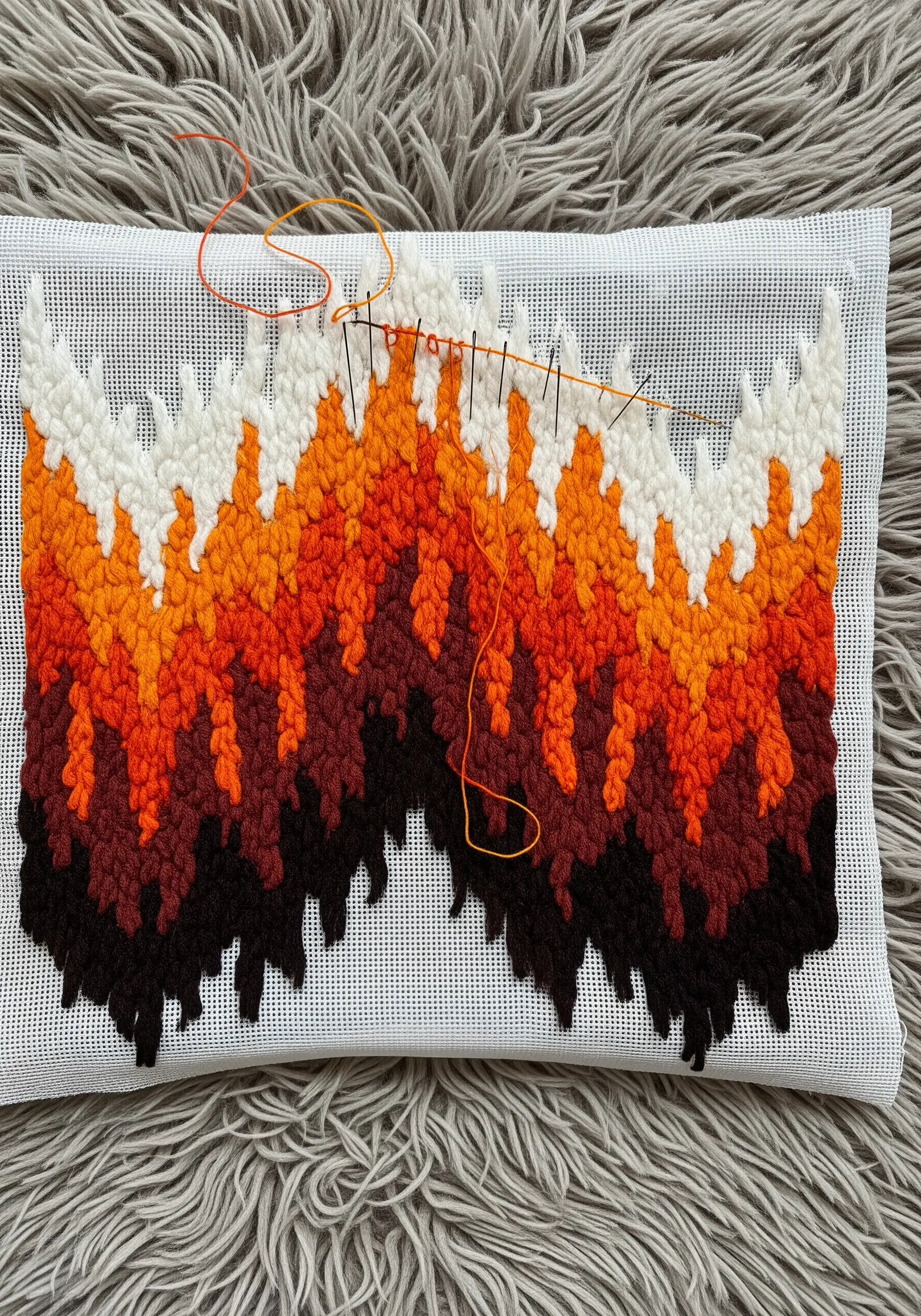 Latch hook flame pattern pillow with long pile
